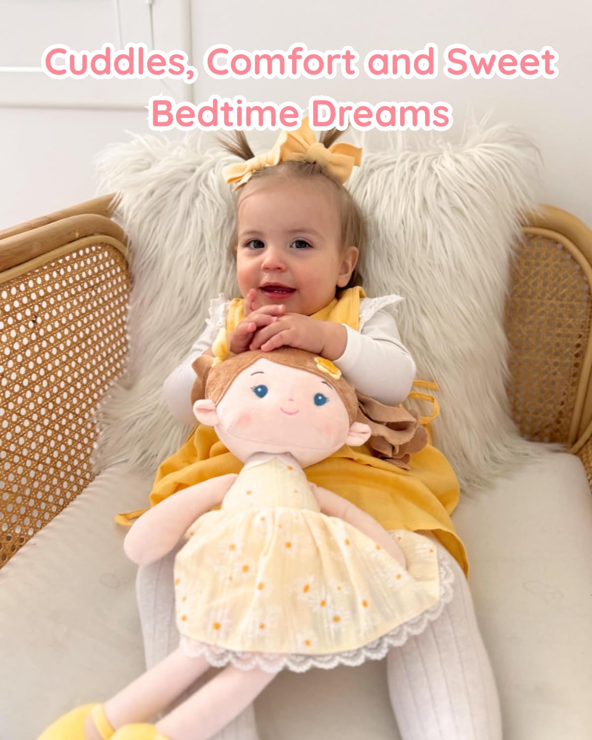 LeyaDoll Soft Baby Doll Toys (16''), My First Baby Rag Doll for 1 Year-Old Girl Birthday Gift, Christmas Plush Toys Gift for Toddler Kids Infants-Daydream-Daisy-Girl-Yellow