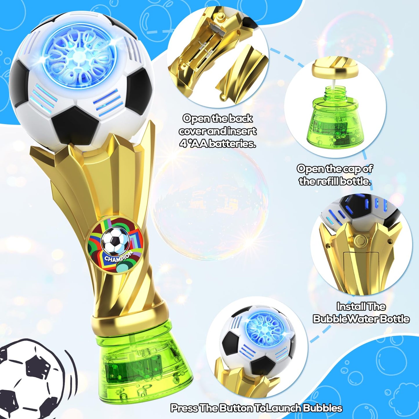Bubble Machine for Kids - Soccer Trophy Bubble Wand with 2 Solution Refill, Automatic Bubble Blower, Bubbles Maker Blaster Toddler Outdoor Toys, 2026 Merchandise Birthday Gifts for Boys Girls Age 3+