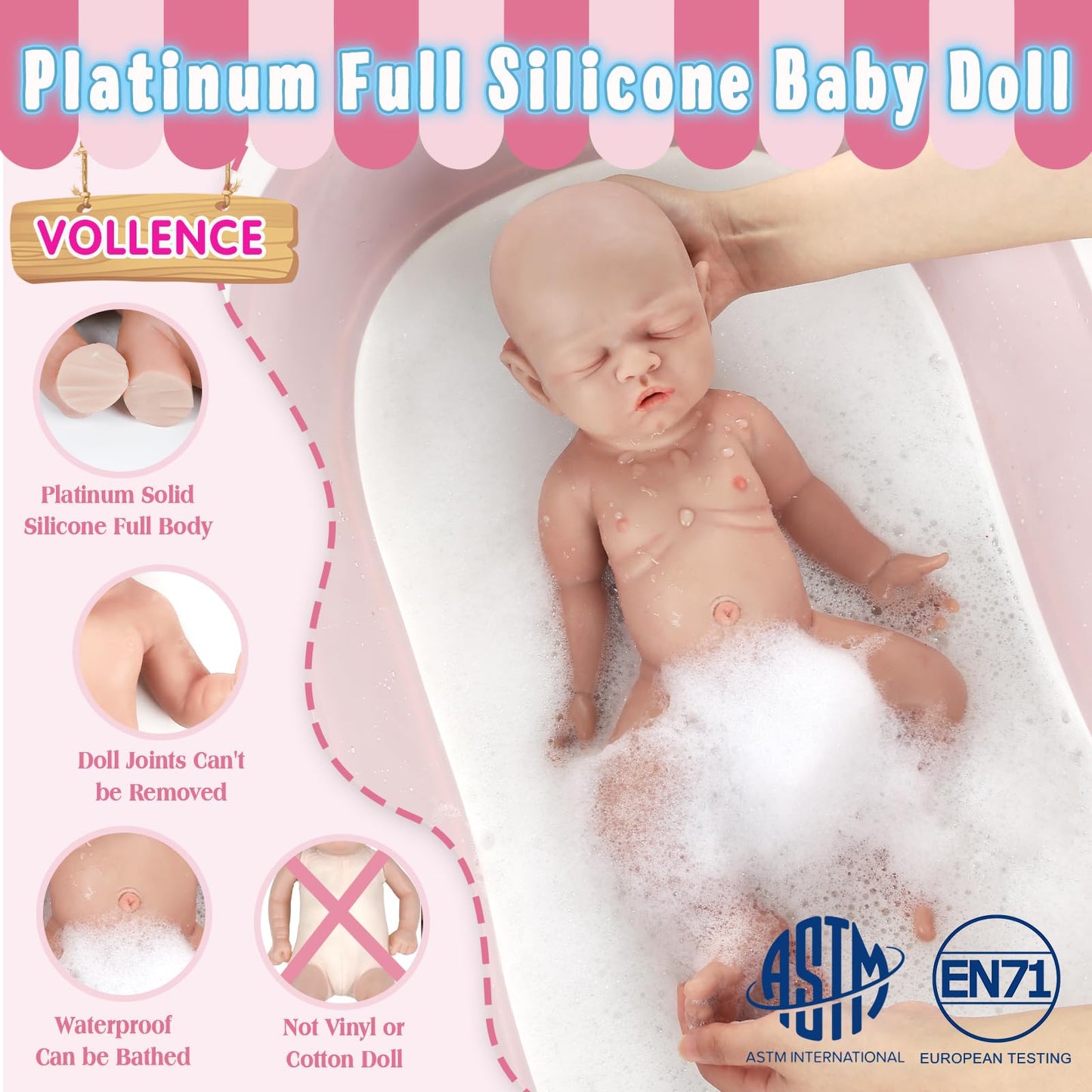 Vollence 12 inch Eyes Closed Silicone Baby Dolls Lifelike Real Sleeping Babies with Feeding Accessories for Children Gifts - Girl