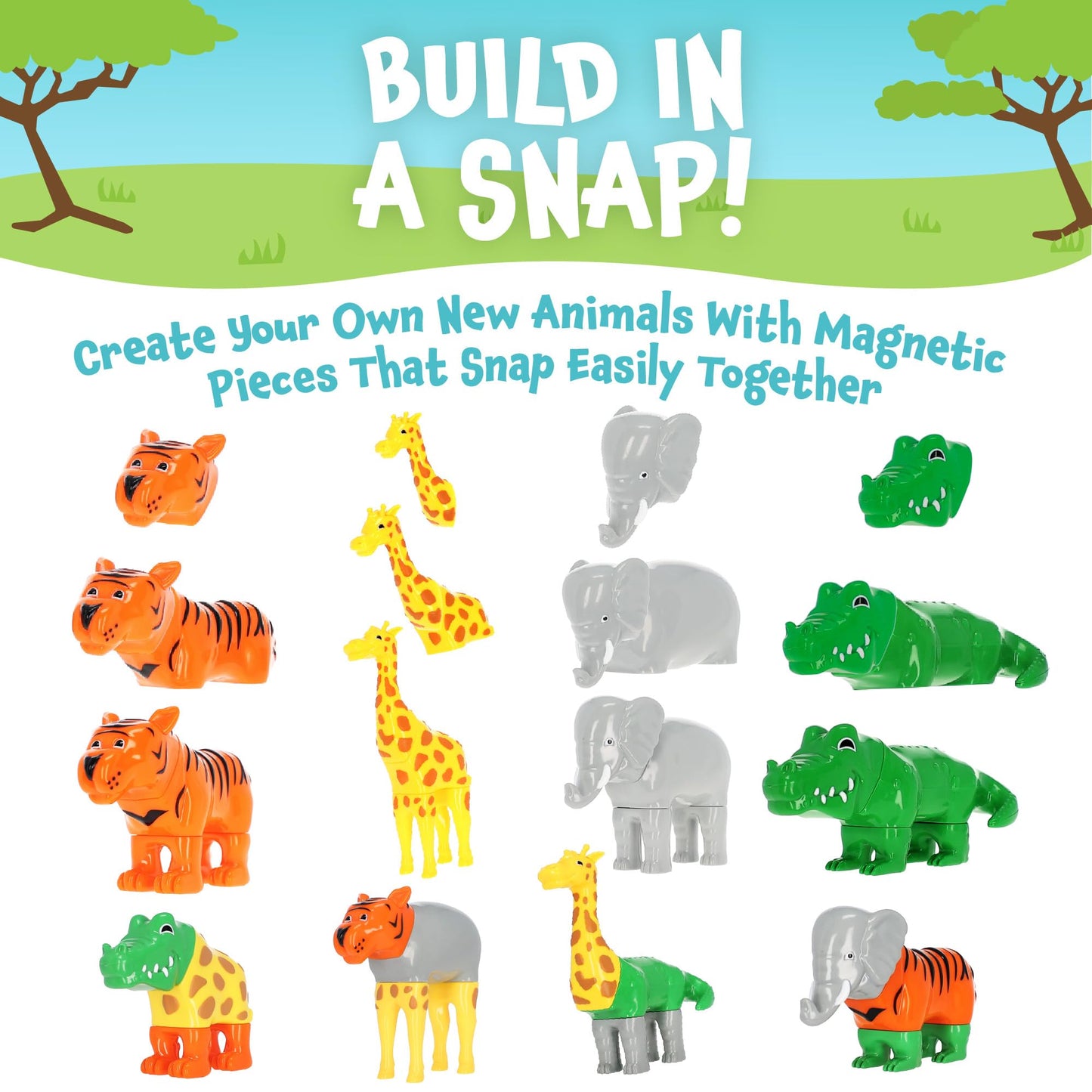 POPULAR PLAYTHINGS Magnetic Animals for Toddlers 1-3, Mix or Match Animal Toys, Set of 4 Gift for Kids - Jungle Animals