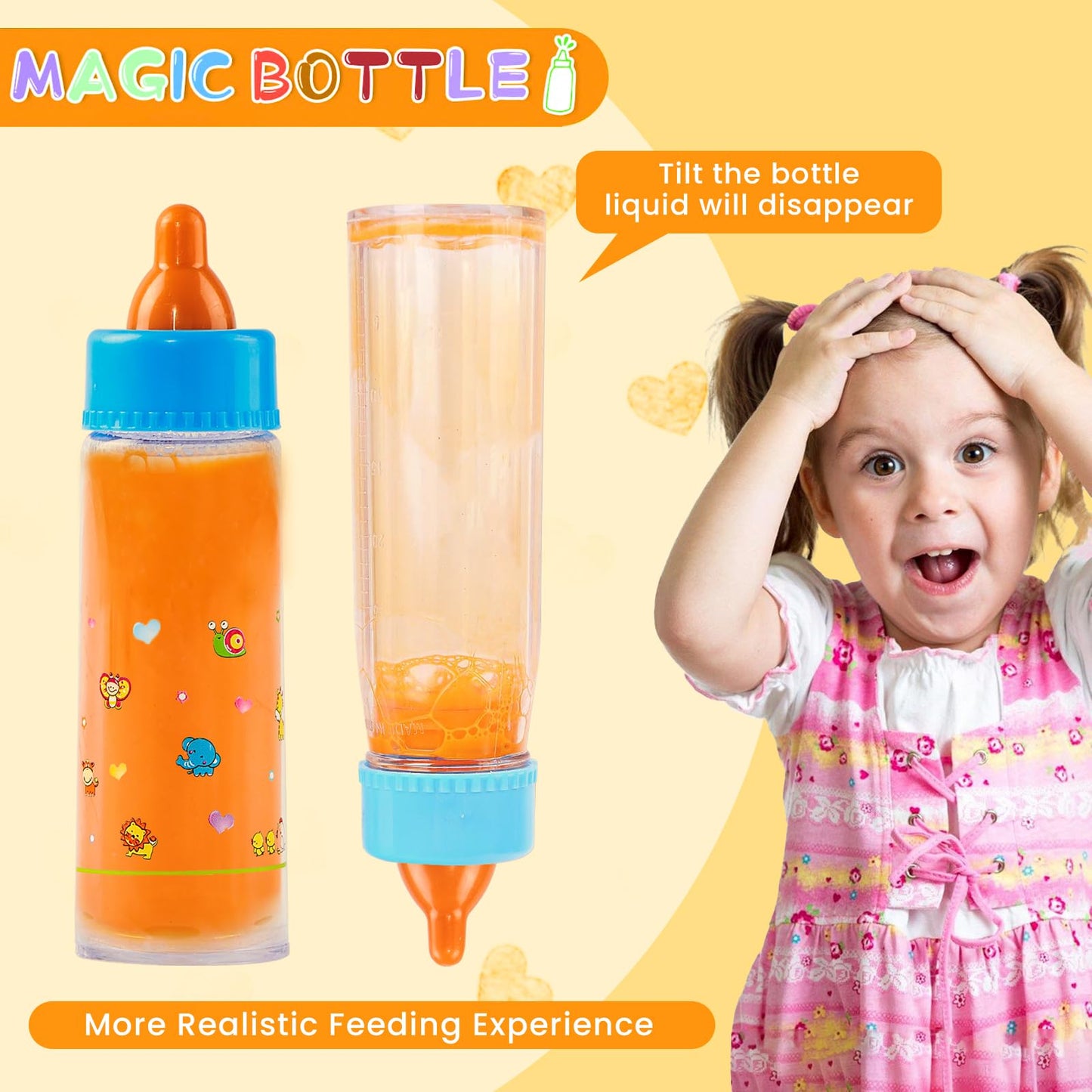 Kaydora Baby Doll Bottle Accessories - 6 Pcs Feeding Bottle Toys, Magic Disappearing Milk & Juice, Pretend Play Set with Pacifiers Kids Gift Yellow