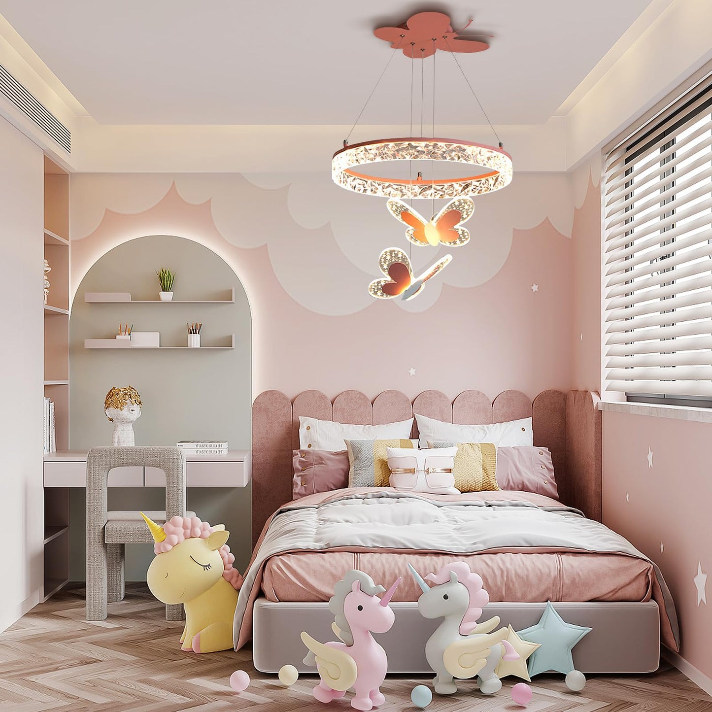 MinMinCheng Butterfly Pendant Light for Girls Bedrooms – 3D Butterfly LED Chandelier with Dimmable 58W Hanging Lamps, Pink Kids Room Lighting Fixture for Playrooms, Nurseries & Princess-Themed Décor