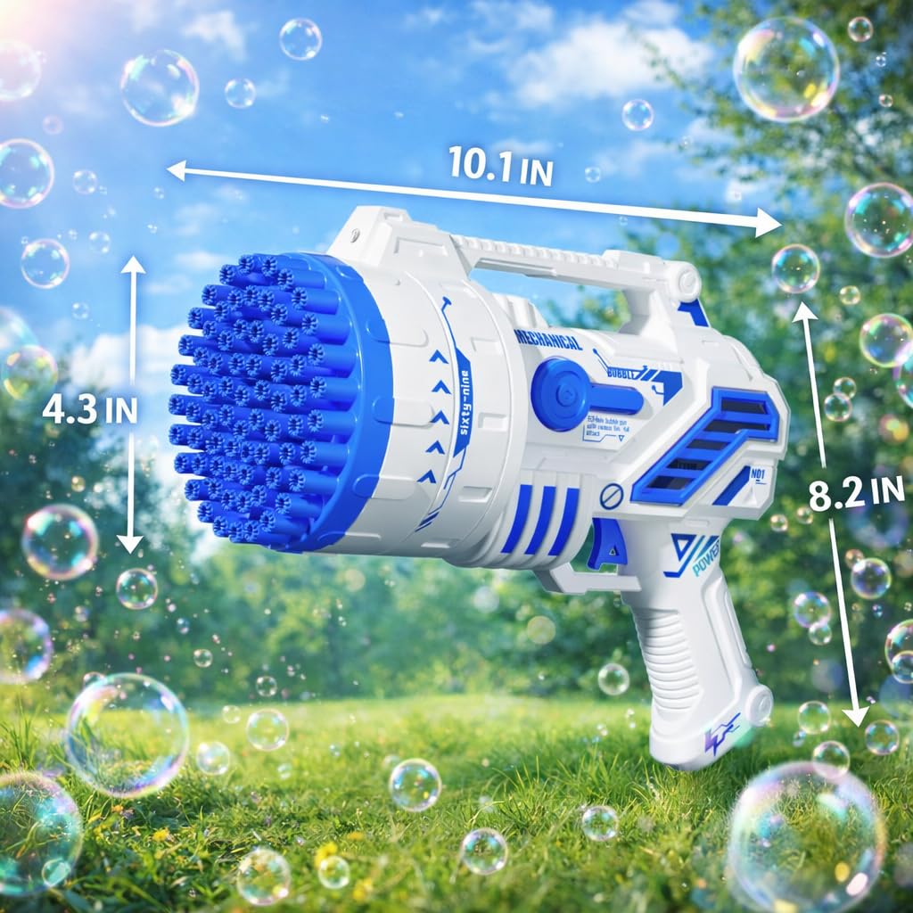 Bubble Gun for Kids, 69-Hole Bubble Machine with LED Lights, 69 Hole Bubble Blaster Blower, for Ages 3+, Summer, Birthday, Party Wedding Outdoor (Blue)