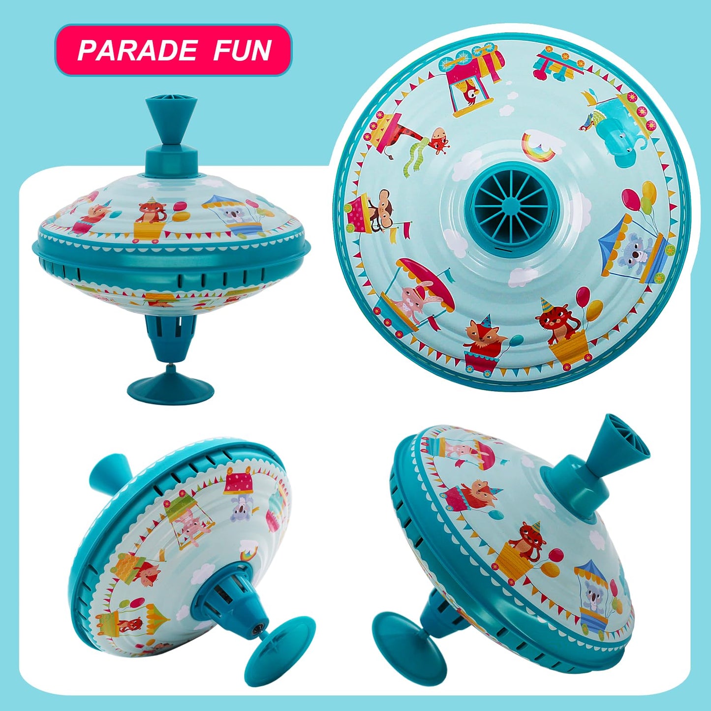 Beeqoo Humming Top Tin Spinning Top for Baby 18 Months and up, Classic Retro Toys for Toddler, Pump Spinner with Base, Parade Fun 7.9” Large Size