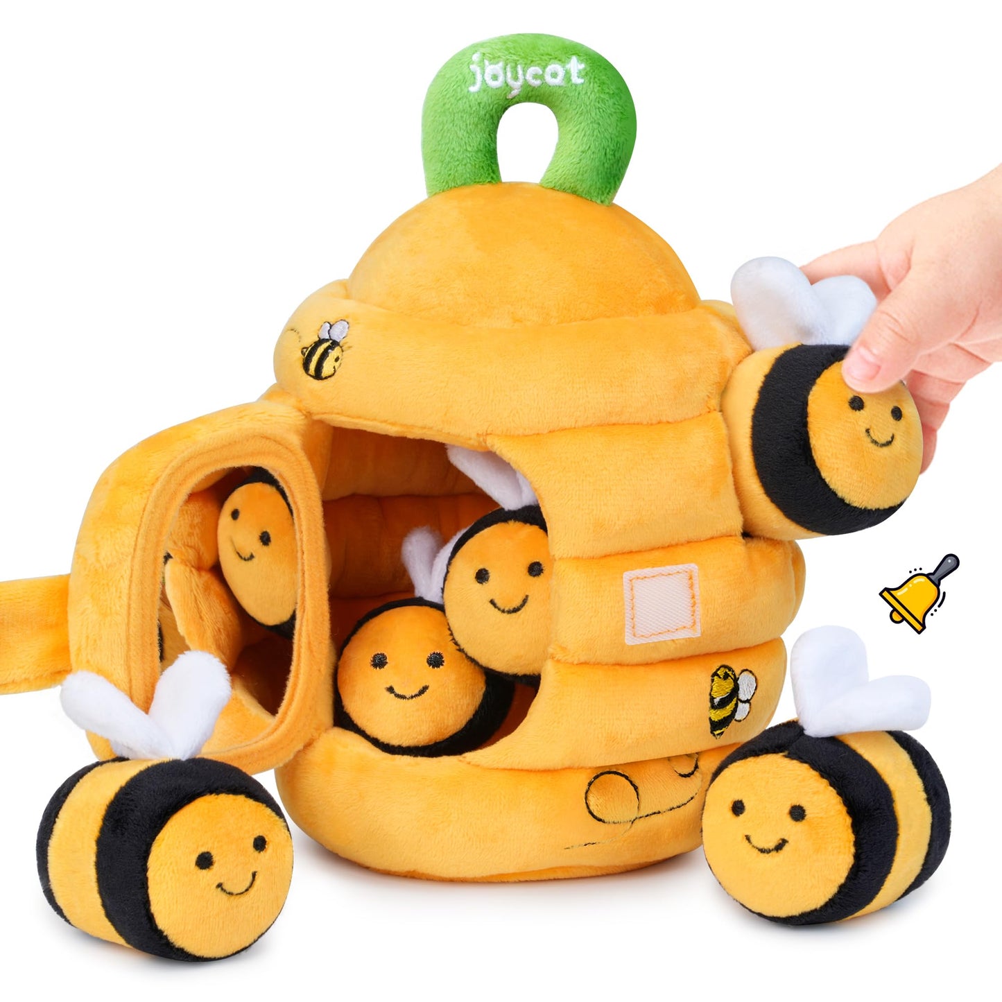 JoyCat Farm Animal Busy Book+ Soft Baby Beehive with 5 Soft Sensory Bees - Honeybee Plush Toy for 0-12 Months - Rattle, Crinkle Paper, Squeaker, Mirror, Busy Toy for Babies 6-12 Months, 0-3 Years Old