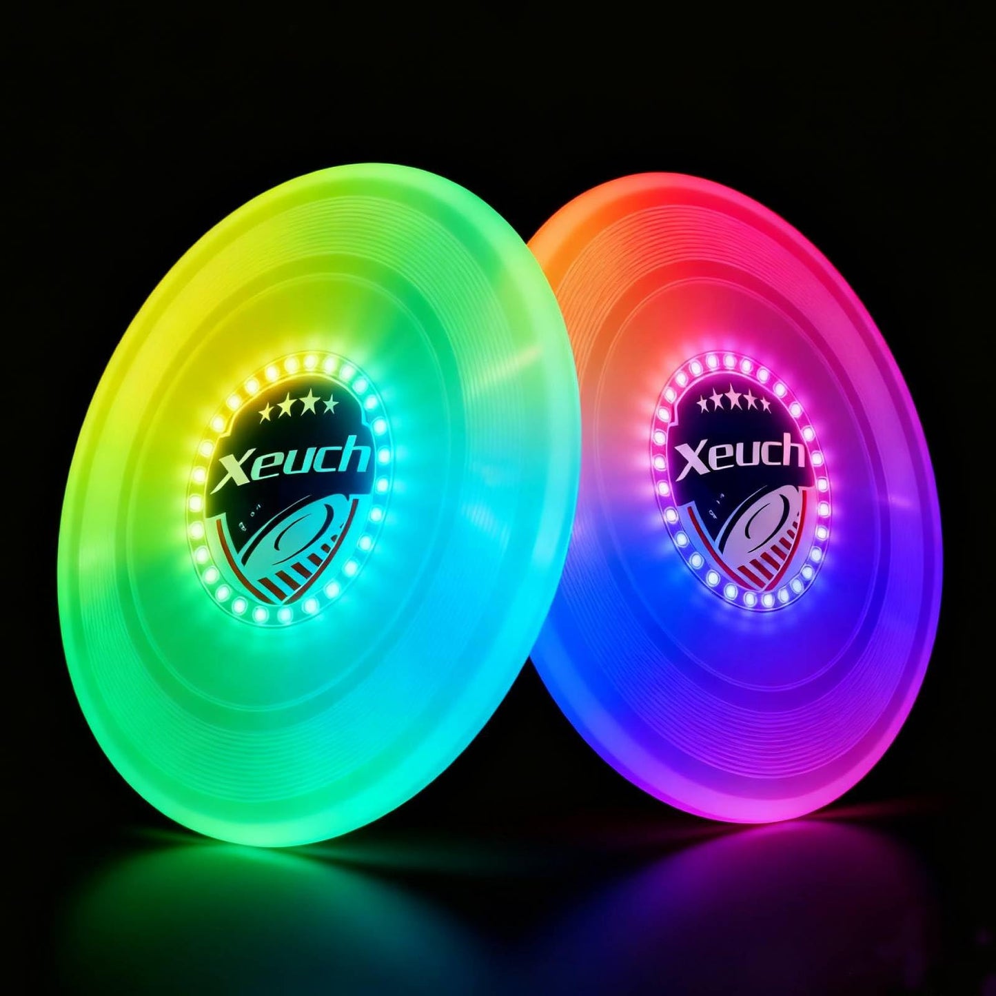 Xeuch Light Up Flying Disc 2 Pack, 175g, 16 Lighting Modes, 4 Brightness, 600mAh Rechargeable Battery, Built-in Timer and Sensor for Beach Camping Outdoor Games, Gift for Kids/Teens/Adults