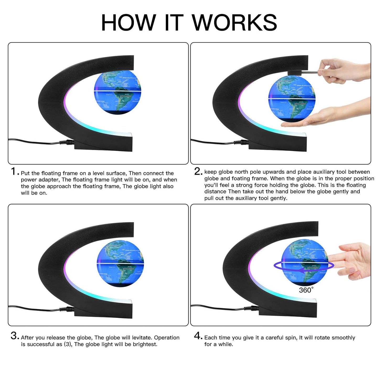 Gresus Upgraded Magnetic Levitation Floating Globe with C Shape Base, Floating World Map Globe with LED Lights, Great Fathers Students Business Boyfriend Birthday Gift for Home Desk Decoration ( will light up)