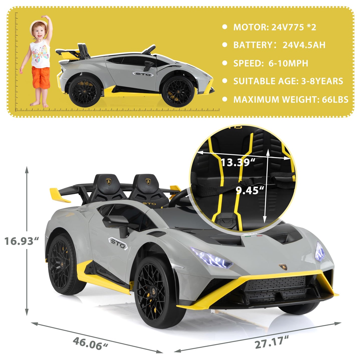 TOBBI Kids Ride on 24V Licensed Lamborghini STO Electric Car for Kids 3-8 Battery Powered Ride on Toys Lambo Sports Car with Remote Control Motorized Drift Vehicle High Speed 10km/h, Gray