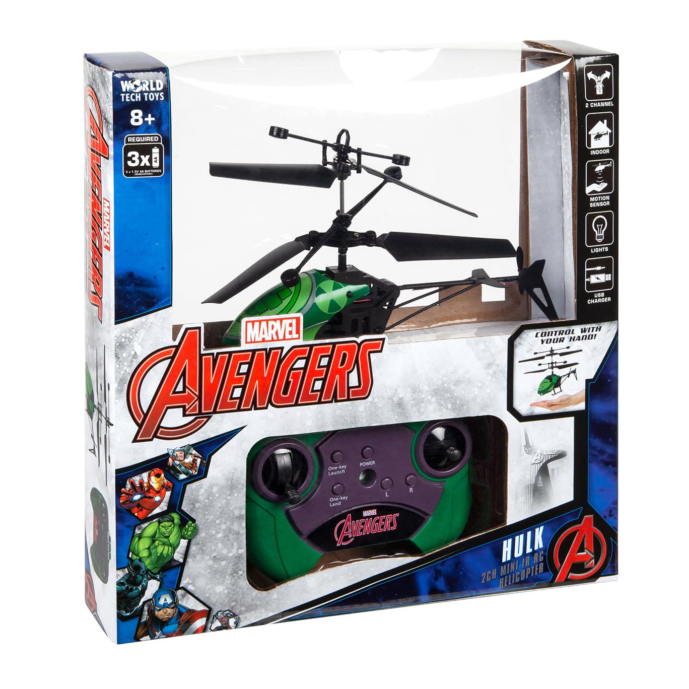 Marvel Hulk RC Helicopter – Easy‑Fly Remote Control Helicopter with LED Lights, Durable Body, Coaxial & Rear Rotors – Kids 8+
