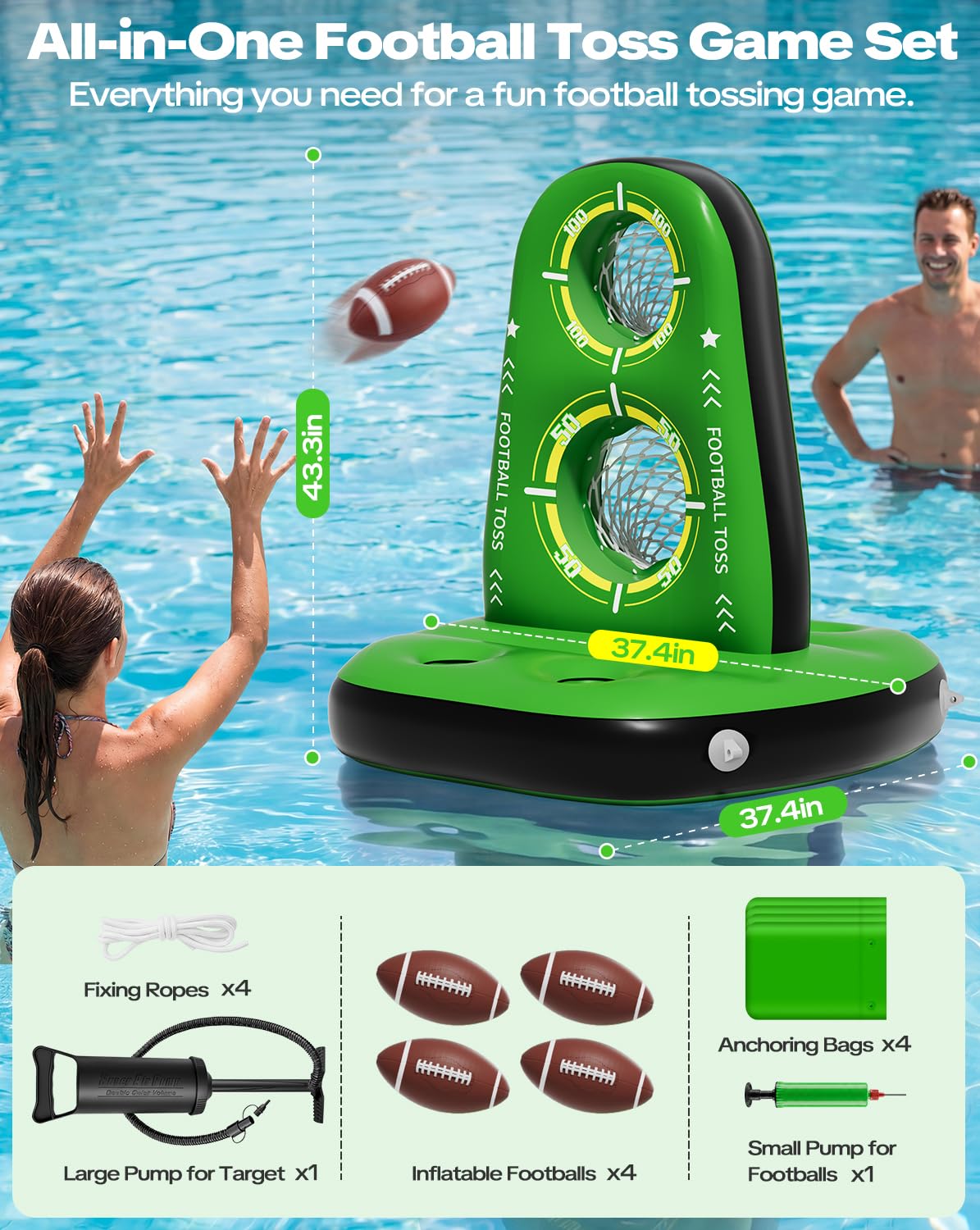 Qmioti Inflatable Football Toss Game for Pool, Floating Football Target with 4 Water Footballs & 2 Pumps, Stable Base, Outdoor Pool Games for Kids & Adults