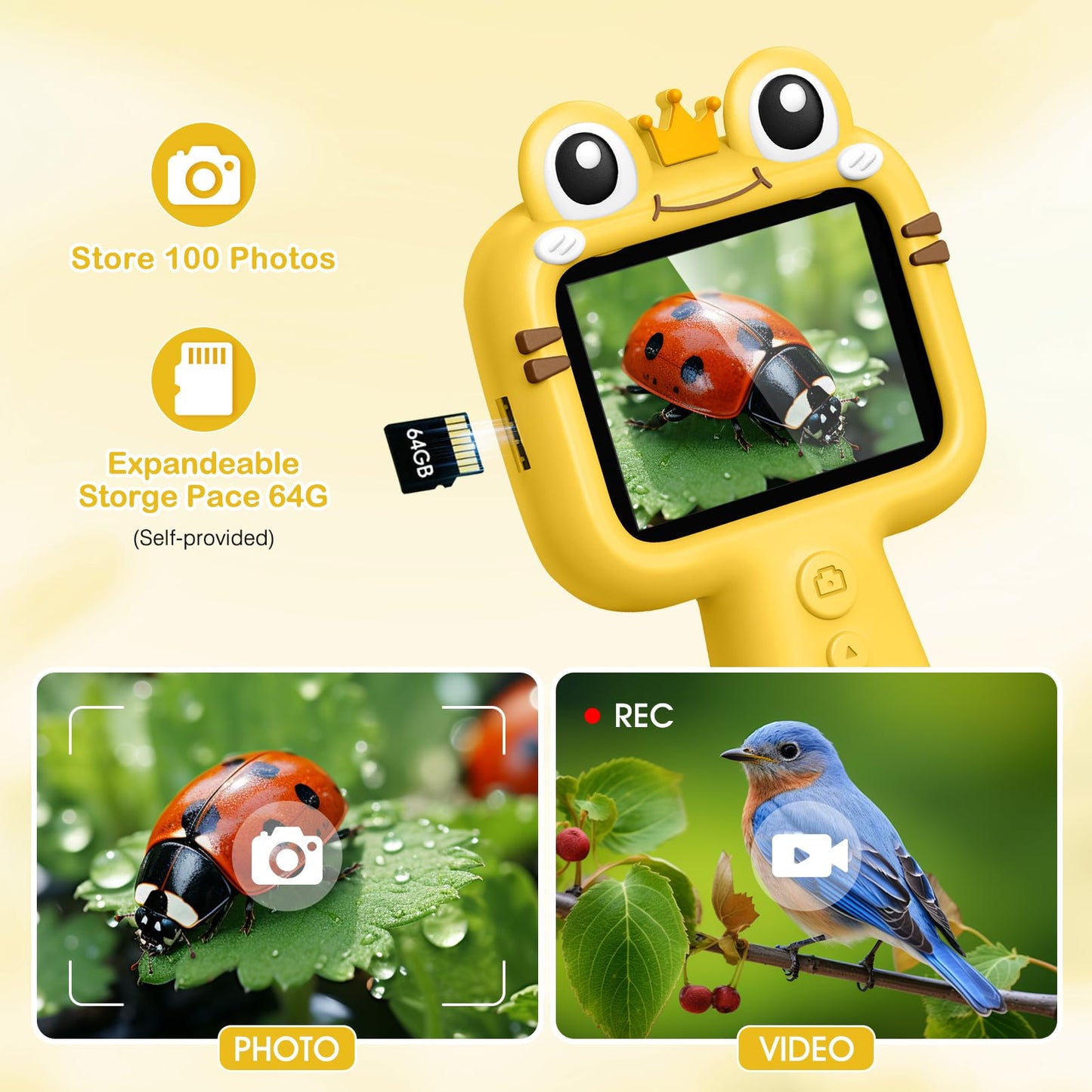 Toy Borescope Camera with Ligh for Kids - Ourdoor Educational STEM Toy Gift for 4 5 6 7 8 9 10 Years Old Boys Girls Birthday, Kids Toy Camera for Outdoor Adventures & Nature Discovery (Yellow)