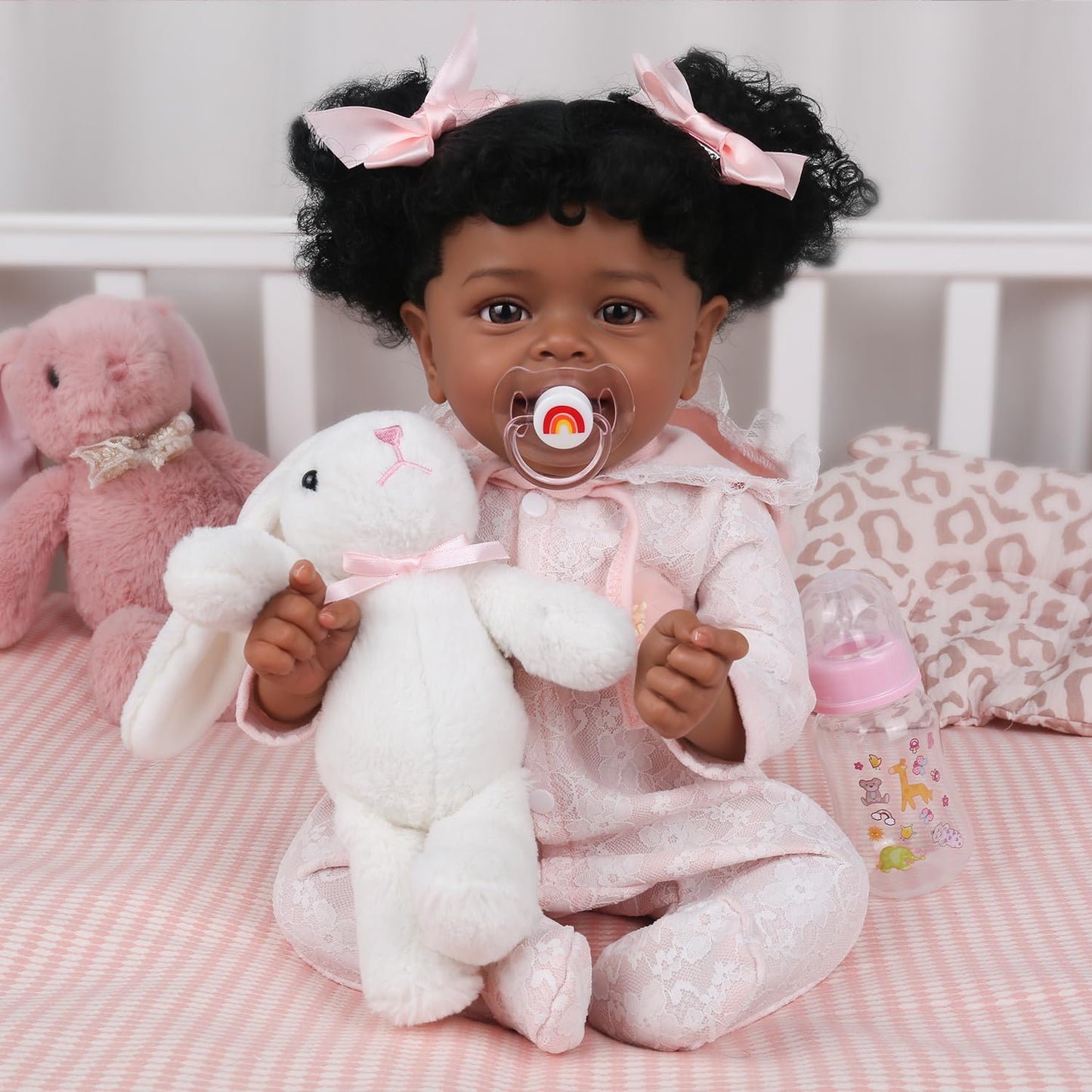 KSBD Realistic Reborn Baby Doll Black Girl - 18 Inch African American Newborn Toddler Real Life Lifelike Handmade Baby with Hair, Soft Weighted Body, Accessories, Cuddly, Gift Box for Kids Age 3+