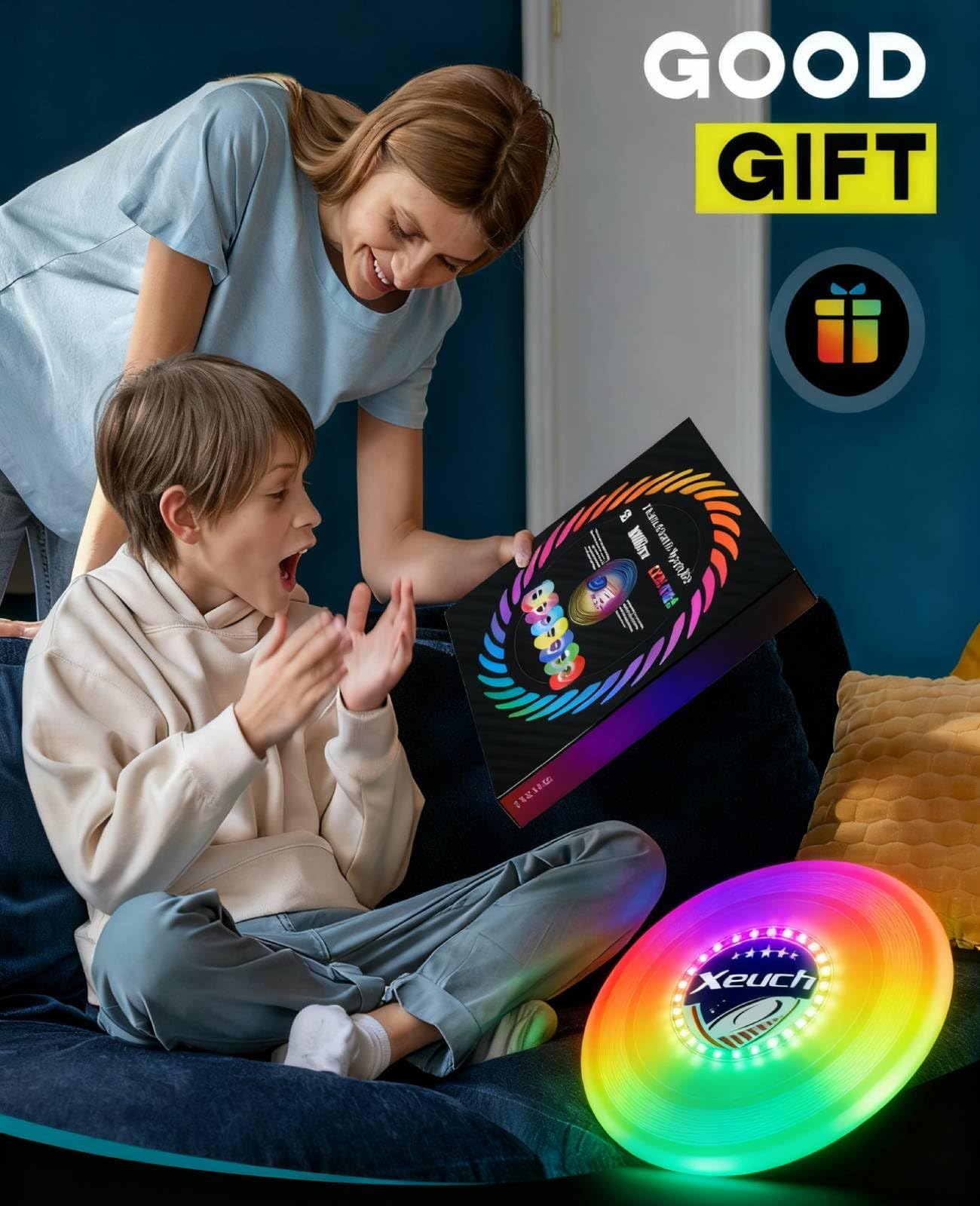 Xeuch Light Up Flying Disc 2 Pack, 175g, 16 Lighting Modes, 4 Brightness, 600mAh Rechargeable Battery, Built-in Timer and Sensor for Beach Camping Outdoor Games, Gift for Kids/Teens/Adults