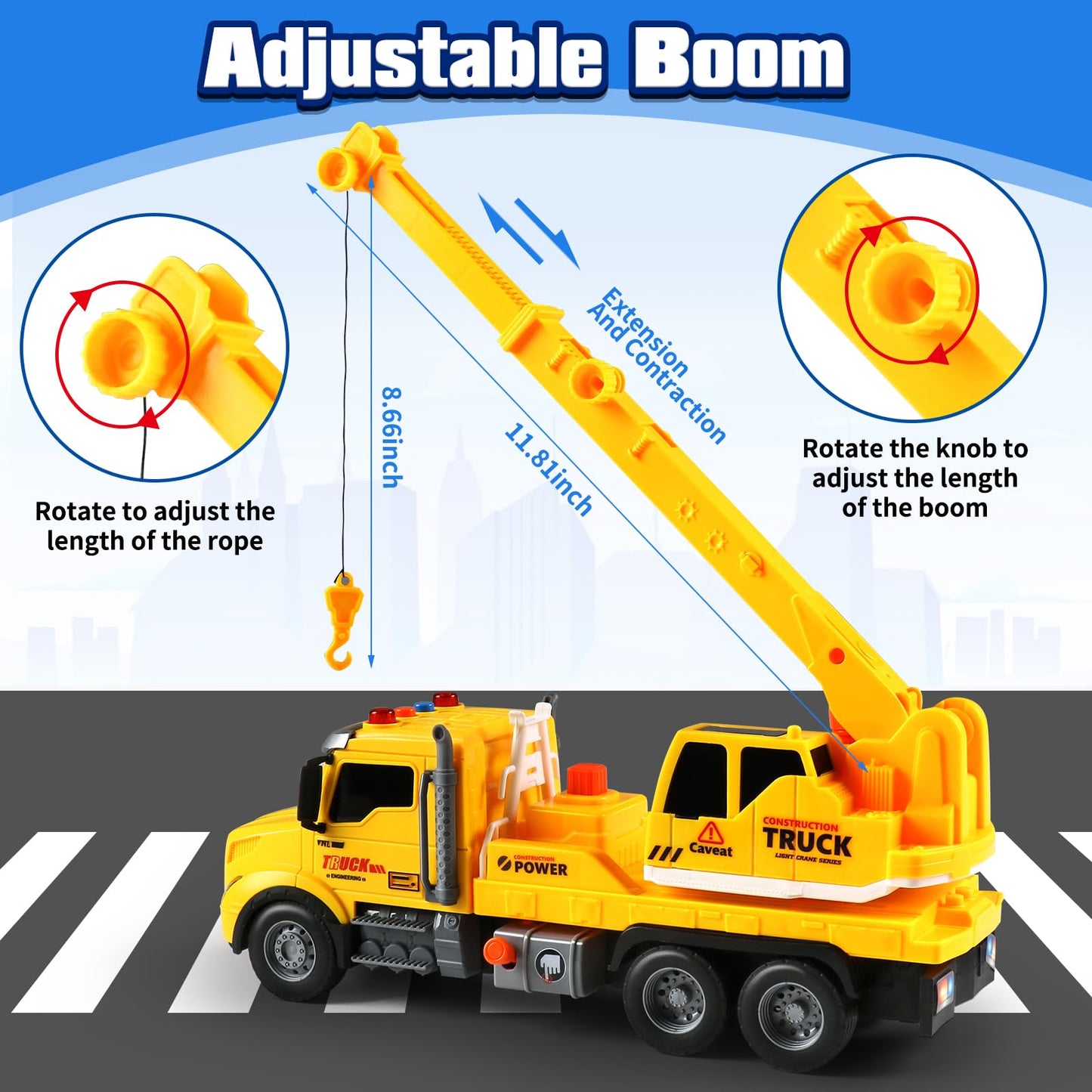 DWIRCTOYS Crane Truck Toy for Kids Ages 3-7, Kids Toys Friction Powered Construction Vehicle with Extendable Arm, Rotating Crane, Lights and Sounds Birthday Gifts for Boys Girls