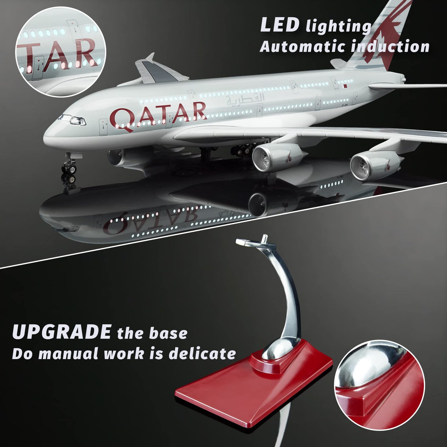 Lose Fun Park 1:160 Scale Large Model Airplane Qatar A380 Plane Models Diecast Airplanes with LED Light for Collection or Gift
