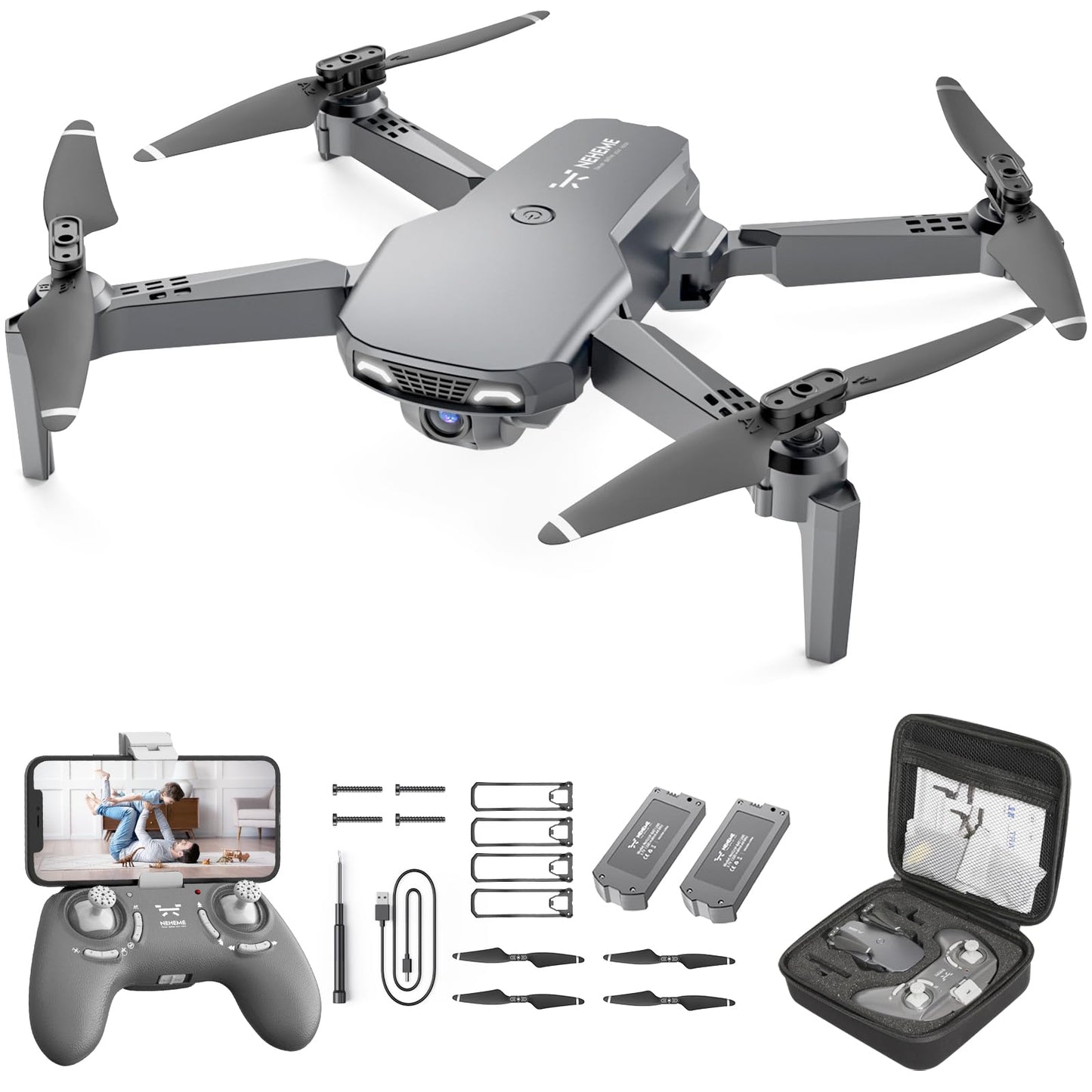 NEHEME Drones for Kids with Camera - Remote Control Helicopter Toys Gifts for Boys Girls, 1080P HD FPV RC Quadcopter for Adults, One Key Start/Land, Altitude Hold, Gravity Control, 2 Batteries, Grey