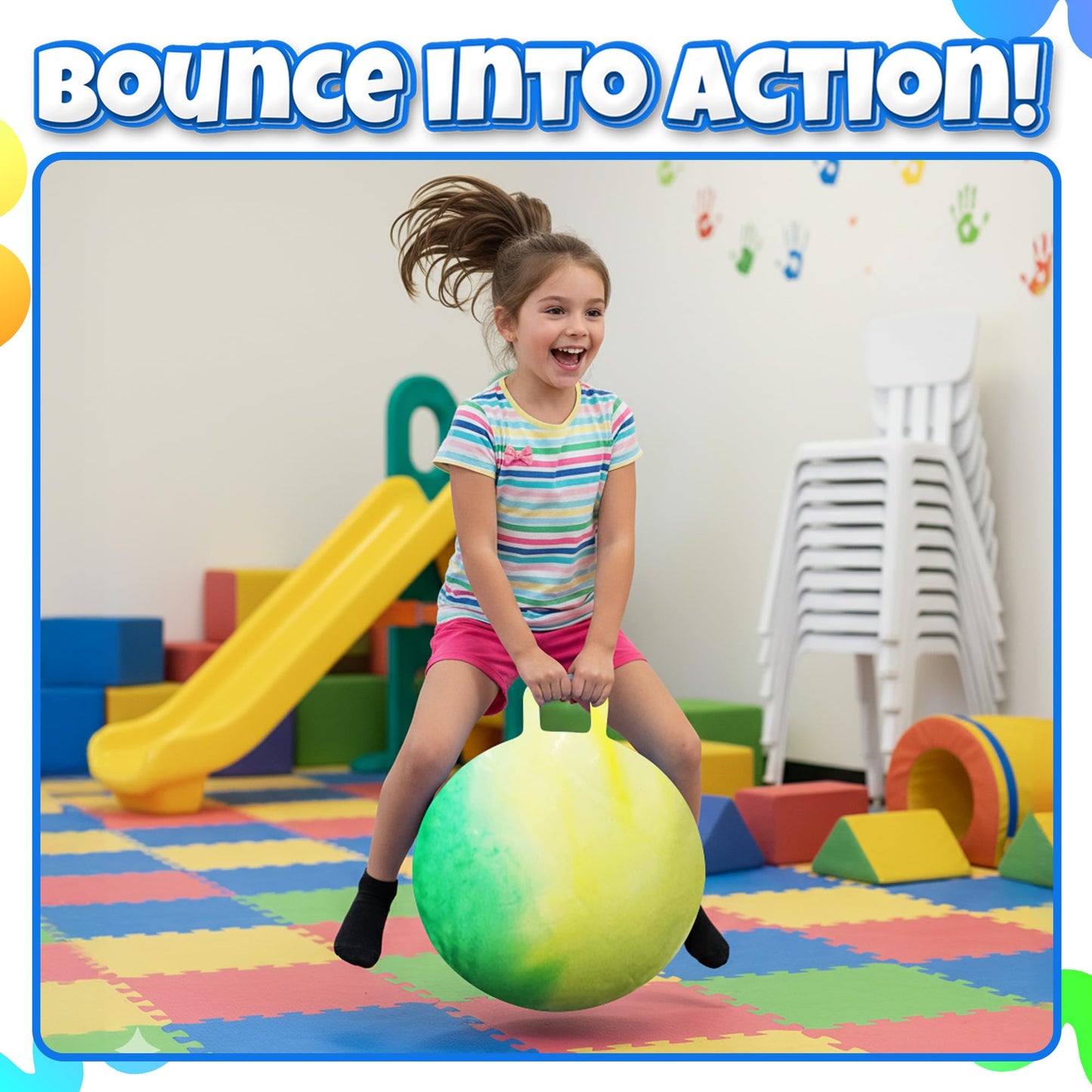 Bedwina Hopper Ball with Handle for Kids 18-inch (45cm) Bouncy Balls for Kids, Jumping Kangaroo Hippity Hop, Hopping Sit and Spin with Handle with Hand Pump, Marble Green & Yellow