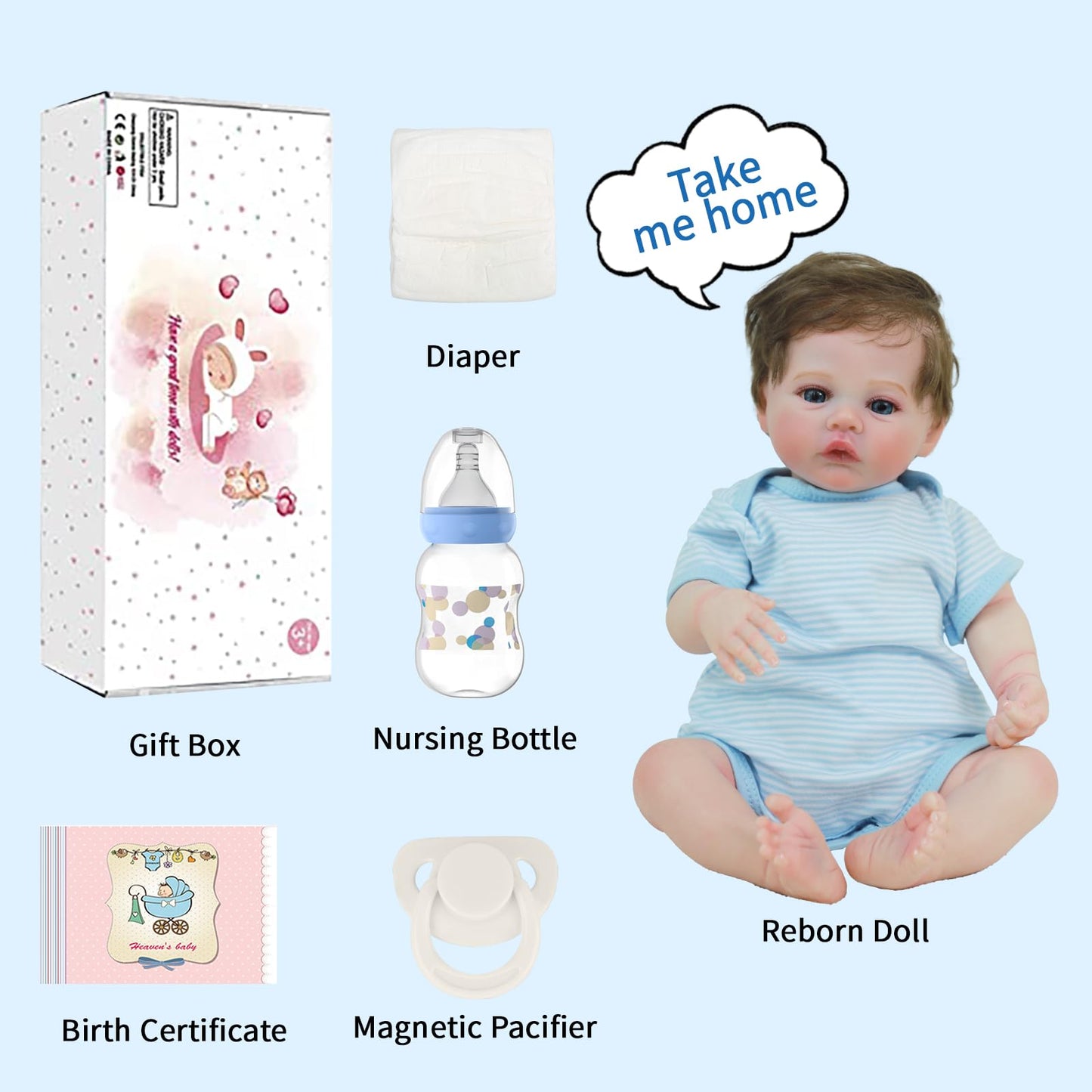 Realistic Newborn Real Life Baby Boy Girl Dolls Lifelike Soft Vinyl and Cloth Body with Feeding Kit Gift Box for Kids Age 3+