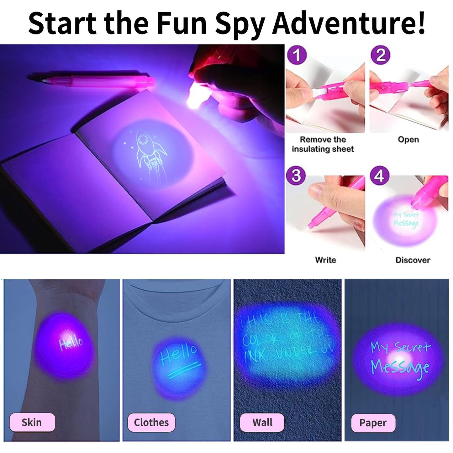 EODVICS 12 Pack Upgraded Invisible Ink Spy Pen with Notebook & UV Light Magic Marker, for Secret Messages Birthday Party Easter Halloween Christmas Goodie Bag Gifts for Kids Ages 3+