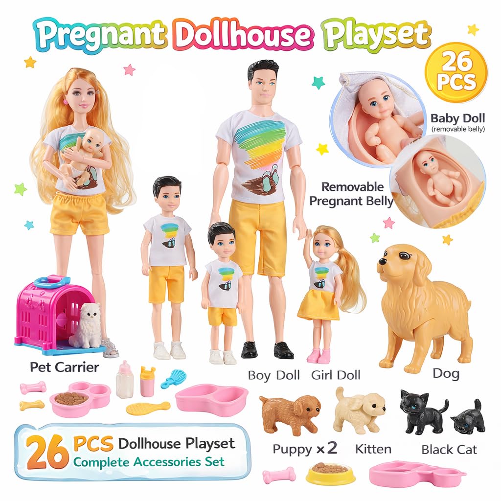 Family Doll Playset for Kids with Pregnant Mom Doll, Dad, Kids, Dollhouse Pets & Accessories – Pretend Play Toy Set for Boys & Girls, Interactive Family Storytelling Imagination Gift