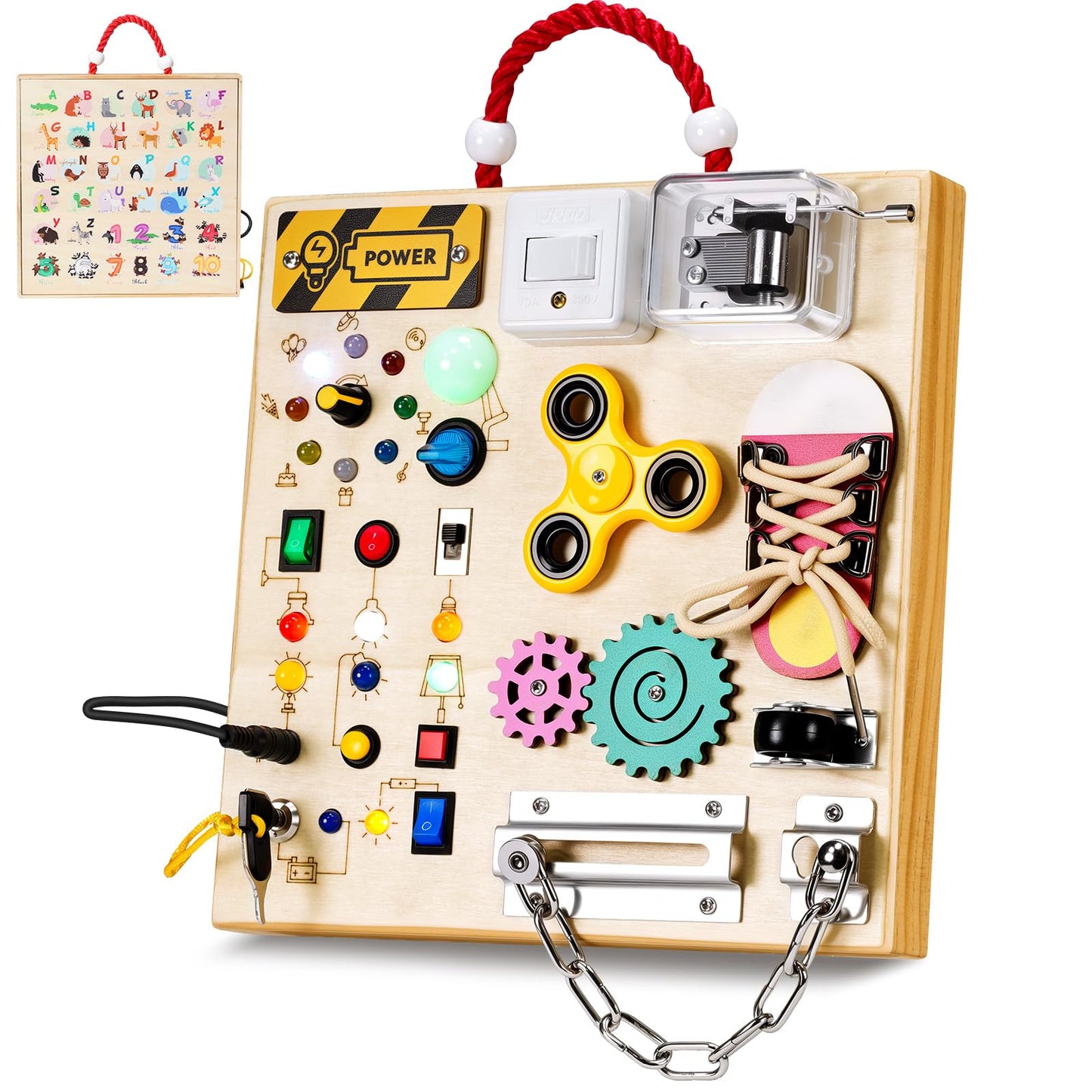 Montessori Wooden Busy Board Toys for 1 2 3 Boys Girls,Toddler Sensory Educational Fidget Board Travel Toy with LED Light Up Switches & Music Boxes, Locks for Kids Gifts