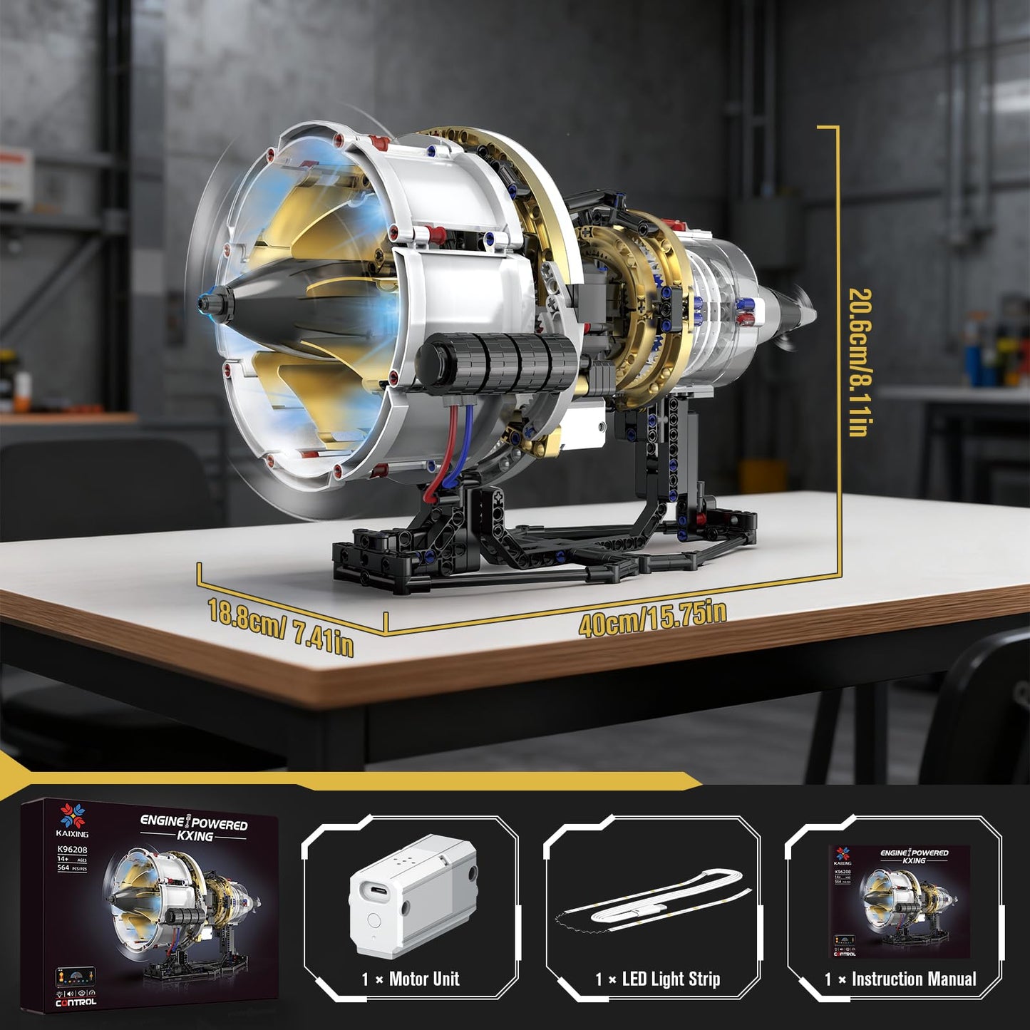 HIGH GODO Jet Engine Building Set, Mini Engine Model Kit that Runs, Visible Aircraft Turbofan Engine Kit with Motor, Lights, & App Control, STEM Toys Gifts for Adults, Teens Age 14+ (564 PCS)