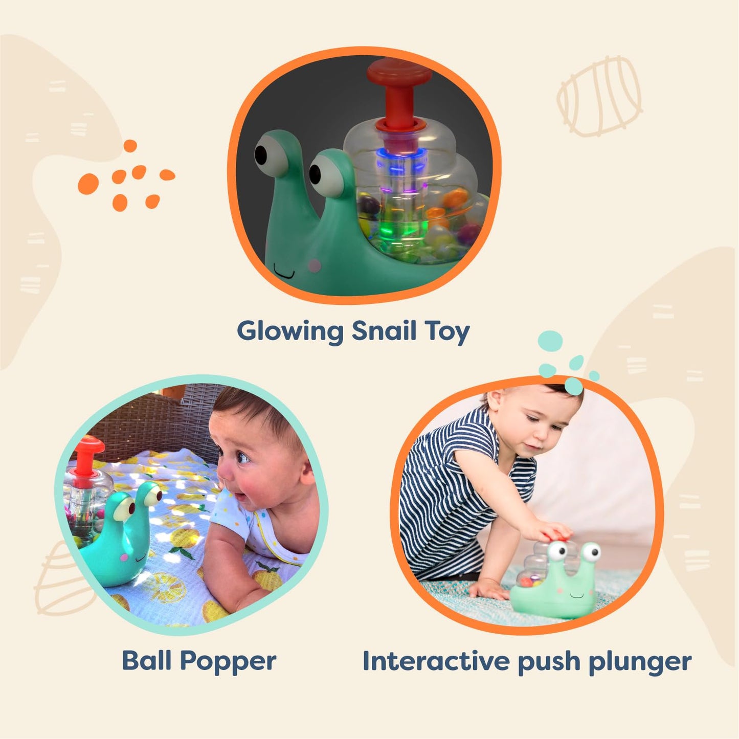 B. toys – Light Up Snail Ball PopperBaby Toy with Glowing Effects & Easy– Grip Handle – Interactive Educational Toy for Motor Skills Development – Colorful Baby Toys for 10+ Months