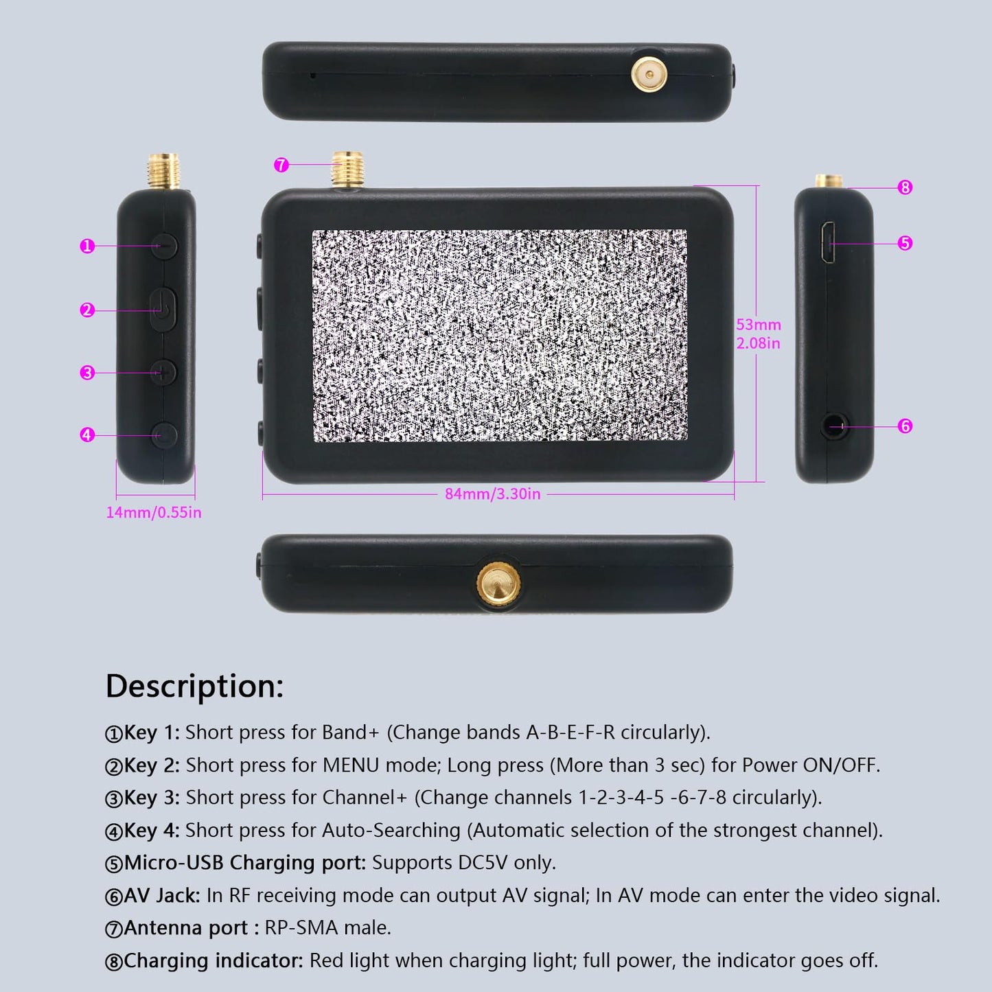 3 Inch Micro Monitor with 480x320 LCD Display Screen 5.8G 40CH Auto Search Wireless Monitor Build-in Battery For RC Multicopter FPV Drone Part RC Trucks/RC Crawler/Boats/Tank/Quadcopter (Black)