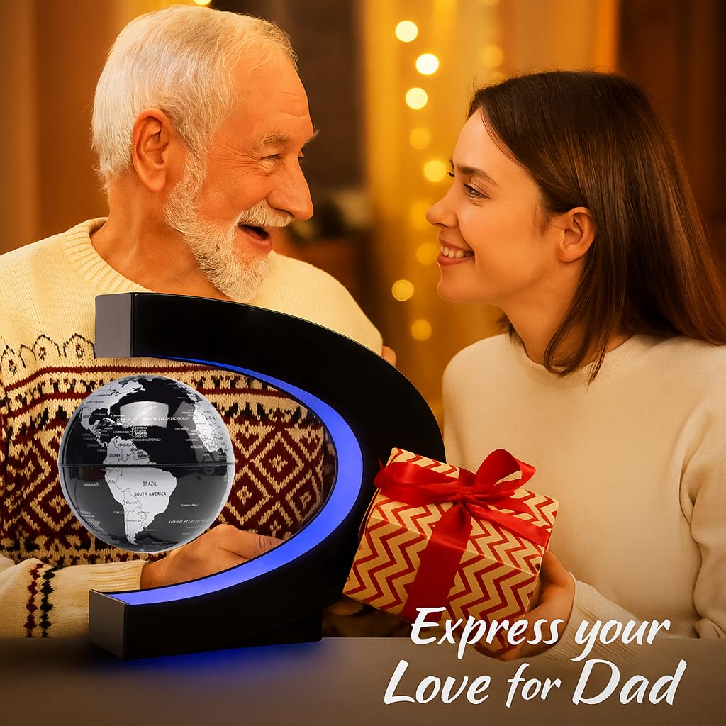 Magnetic Levitation Floating Rotating World Globe with LED Light - C Shape Anti Gravity Levitating Globe for Desk Office Decor, STEM Educational Map, Unique Tech Gift for Men Kids Boss, 3.5 Inches