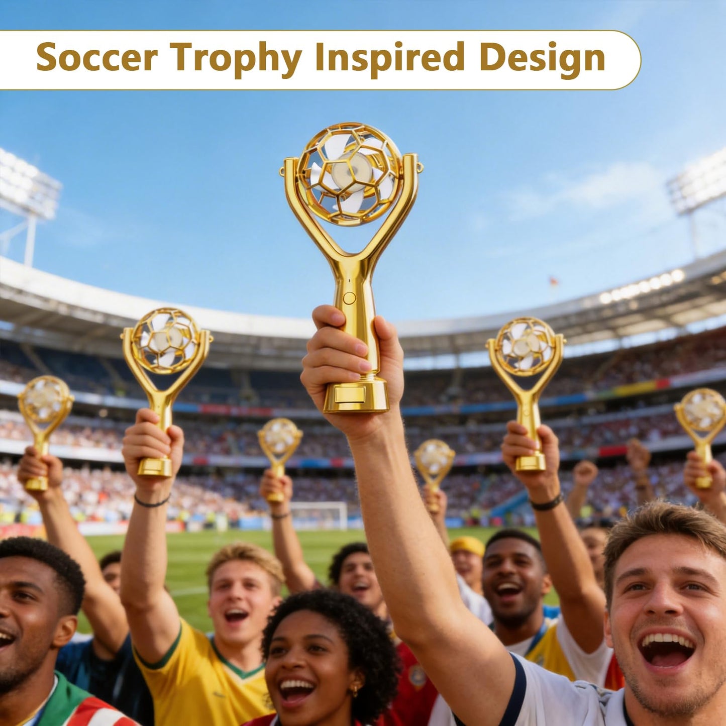 SZSHYNJ Soccer Trophy Shaped Handheld Fan, Soccer Gifts for Sports enthusiasts, Kids, Boys and Girls, Portable USB Rechargeable Mini Fan for Stadium, Game Day, 2026 World Soccer Event, Outdoor, Gold