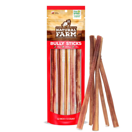 Natural Farm Bully Sticks, Odor-Free (12 Inch, 5 Count), 8.8 Oz. Per Bag, 100% Beef Chews, Grass-Fed, Non-GMO, Fully Digestible Dental Treats to Keep Your Small and Medium Dogs Busy and Happy