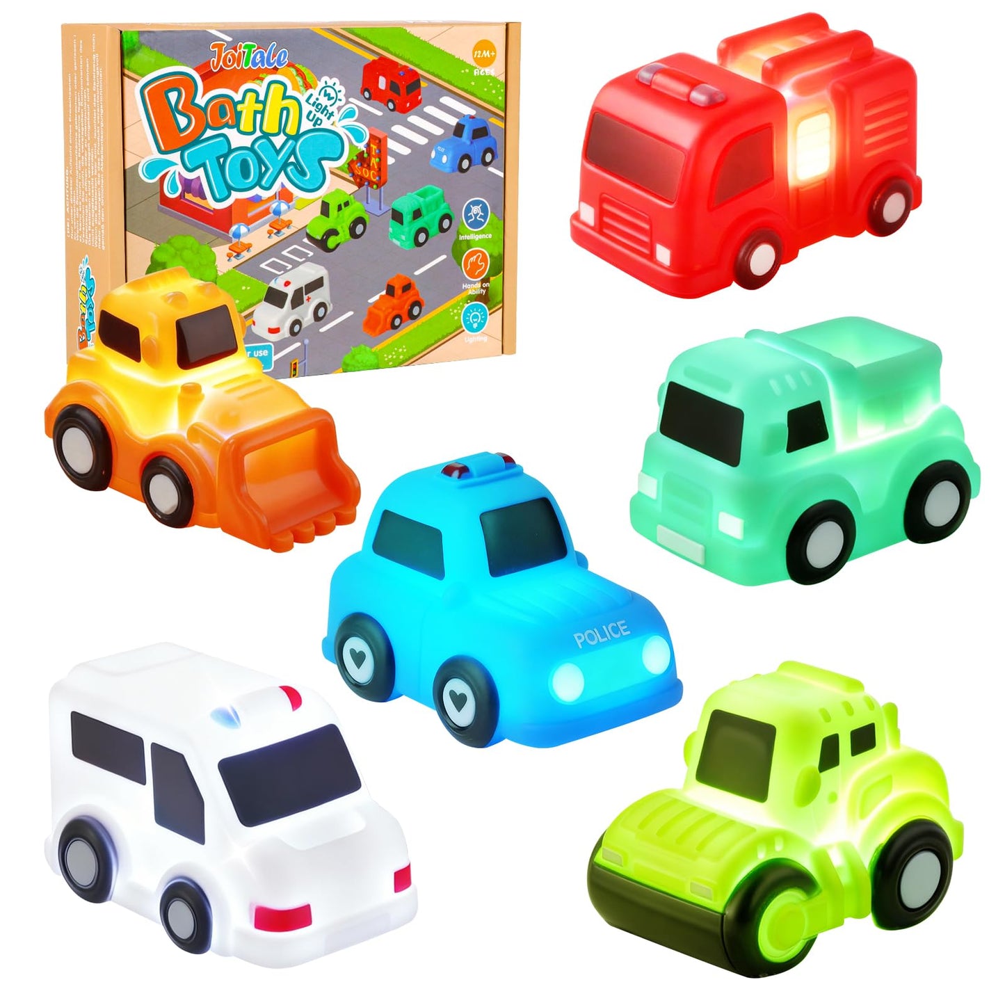 Baby Bath Toys, 6 Pack Light Up Cars Bath Toys, No Hole No Mould Bathtub Toy for 1 2 3 Year Olds, Flashing LED Sensory Toy for Toddlers, Bath Time Shower Gifts for Boys and Girls