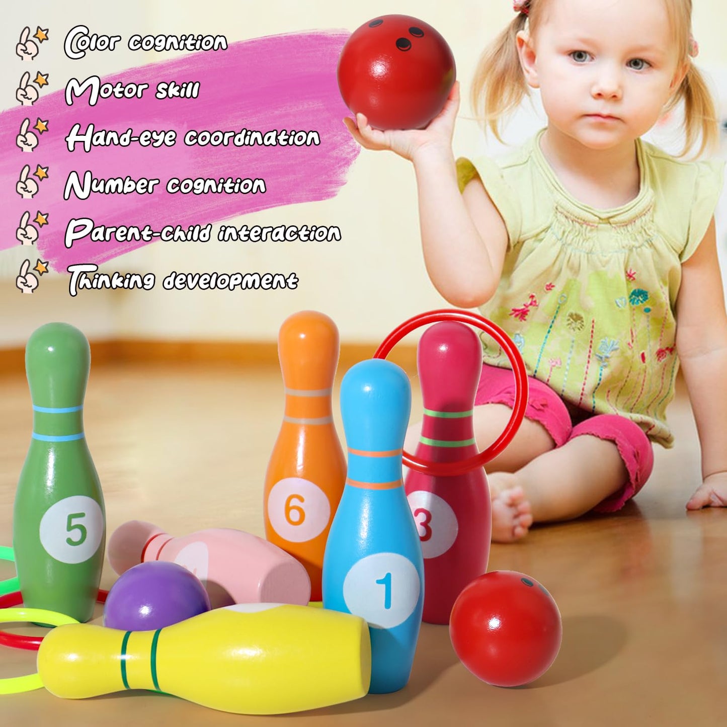 Dinhon Wooden Kids Bowling Set for Toddlers Infants Ages 2-5 - 6 Pins & 2 Balls & 6 Ferrules, Educational Early Development Indoor Outdoor Games for Boys Girls