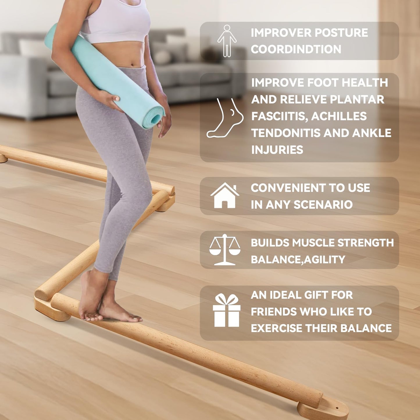 NIANRONGHUA 8 FT Adjustable Beech Wood Balance Beam for Indoor and Outdoor UseImprove Balance,Flexibility, Ankle Foot Strength for All Ages Physical Therapy for Plantar Fasciitis Relief