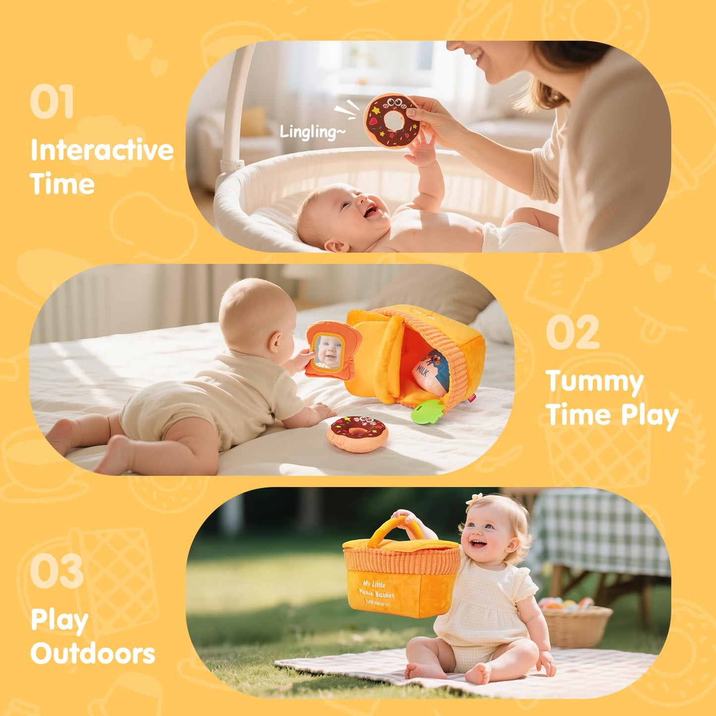 Hahaland Baby Toys 6-12 Months – Picnic Basket Sensory Toy with Crinkle, Rattles, Teether & Mirror, Montessori Play Food Plush for Early Development, Christmas Gifts for 1+ Years Boys & Girls