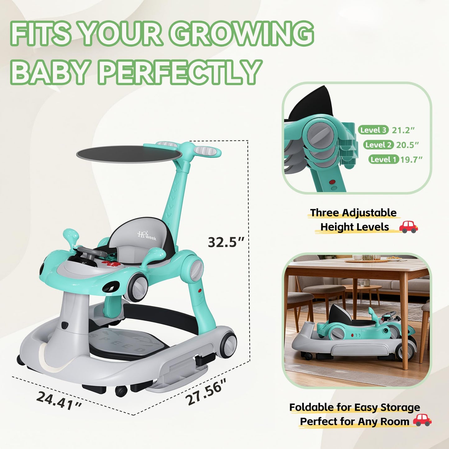 HAWEEK Baby Walker with Wheels, 7-in-1 Foldable Baby Walkers for Boys Girls 6-12 Months with Feeding Tray & Music, Lights,Rocker,Sun Canopy, Bouncing Pedal, Adjustable Wheel Speed, Push Walker(Green)