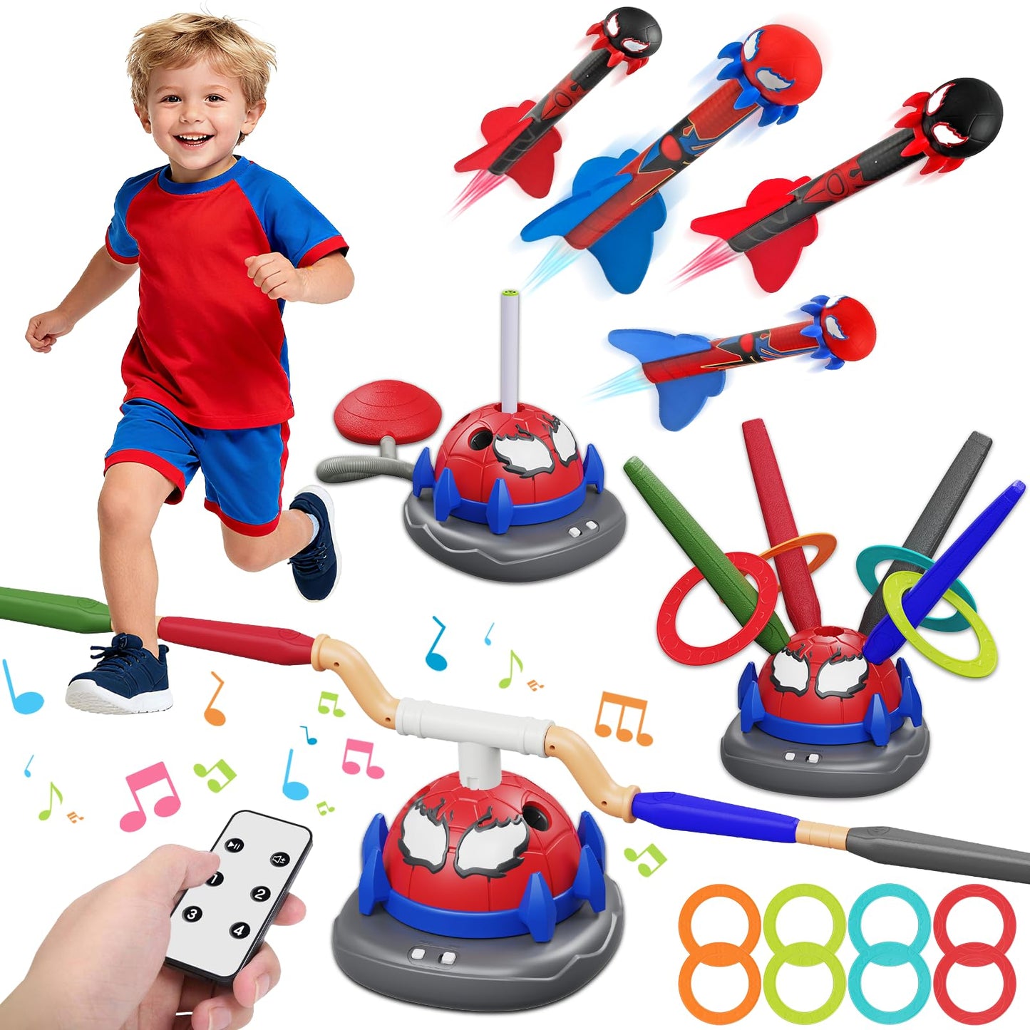 Scarmat 3-in-1 Outdoor Toys for Kids 3-8, Spider Rocket Launcher & Ring Toss Musical Jump for Sports and Outdoors Active Play Set, STEM Learning Toys Birthday Gift for Boys Girls Ages 3 4 5 6 7 8