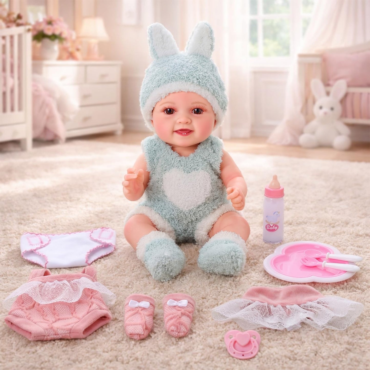 BABESIDE 9pcs Baby Doll Set - 12 Inch Cute Realistic Baby Doll with Includes Various Accessories for 3+ Year Old Girls – Perfect for Pretend Play & Gifts