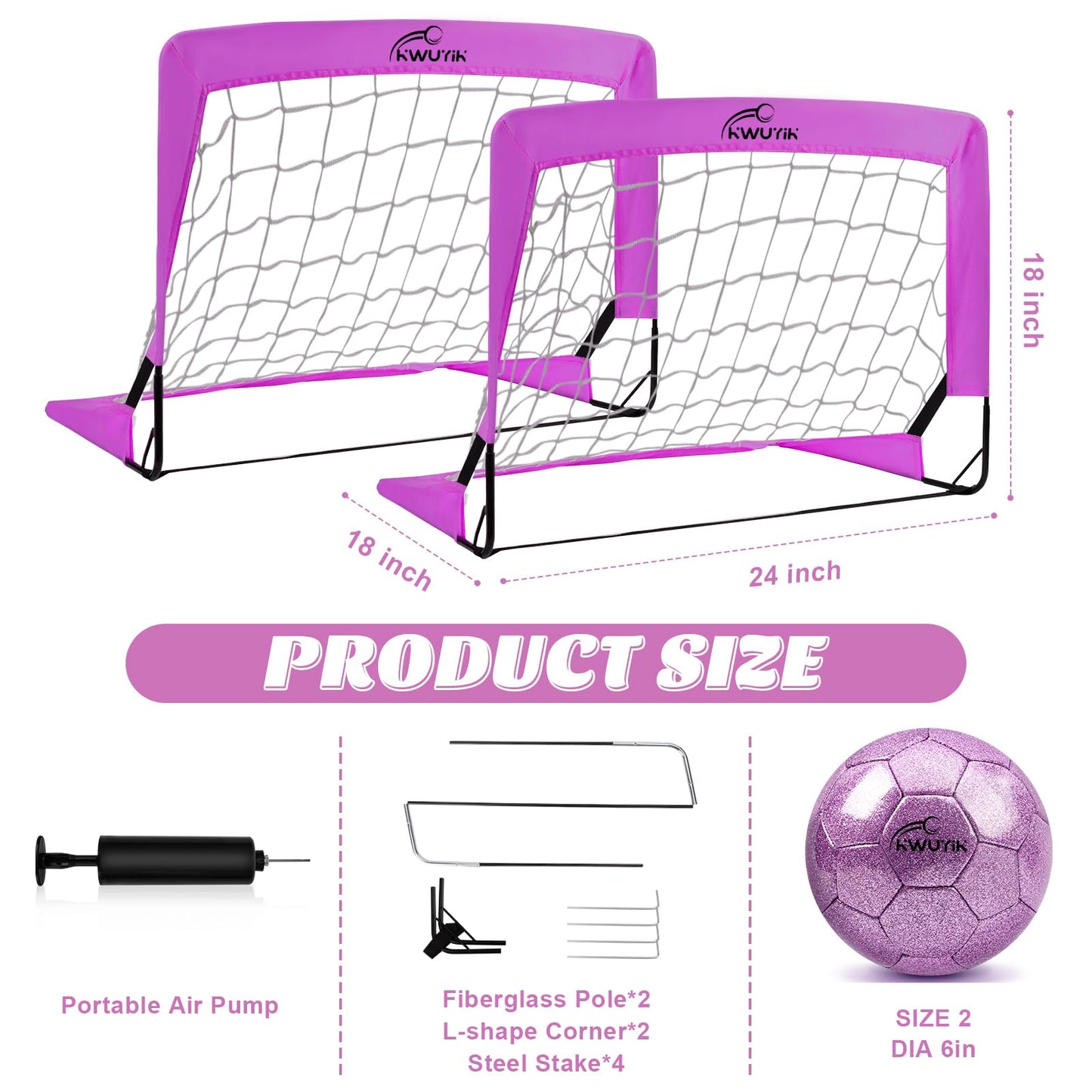 2 Pcs Purple Mini Soccer Goals Set 2x1.5x1.5ft Indoor Soccer Nets for Kids with Size 2 Toddler Soccer Ball Foldable Net Toy with Pump for Children Boys Girls Backyard (Purple)