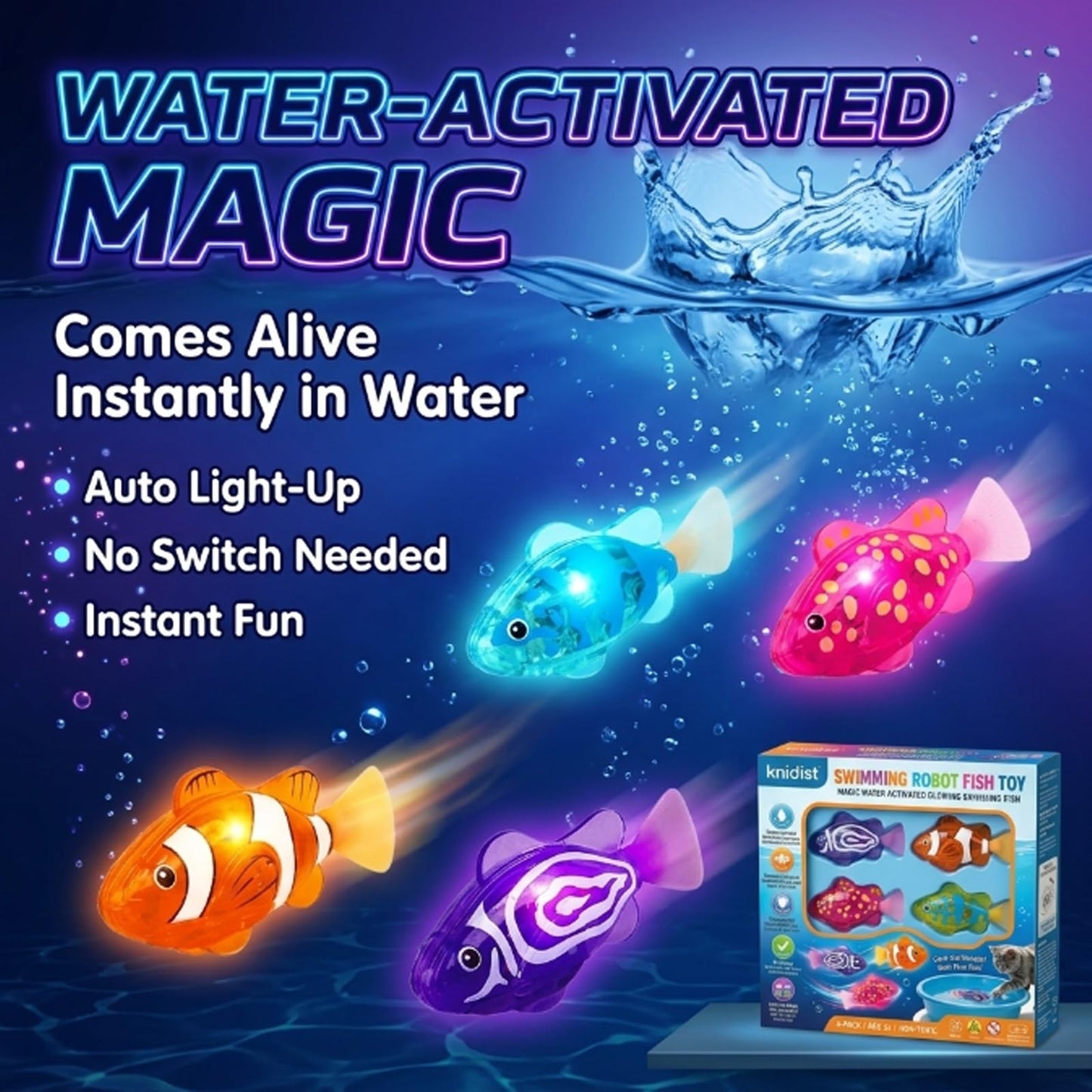 Swimming Robot Fish Water Activated LED Light Up Automatic Interactive Electric Realistic Bath Pool Aquarium Cat Pet Floating Motorized Glowing Sensory Play(12PCS)