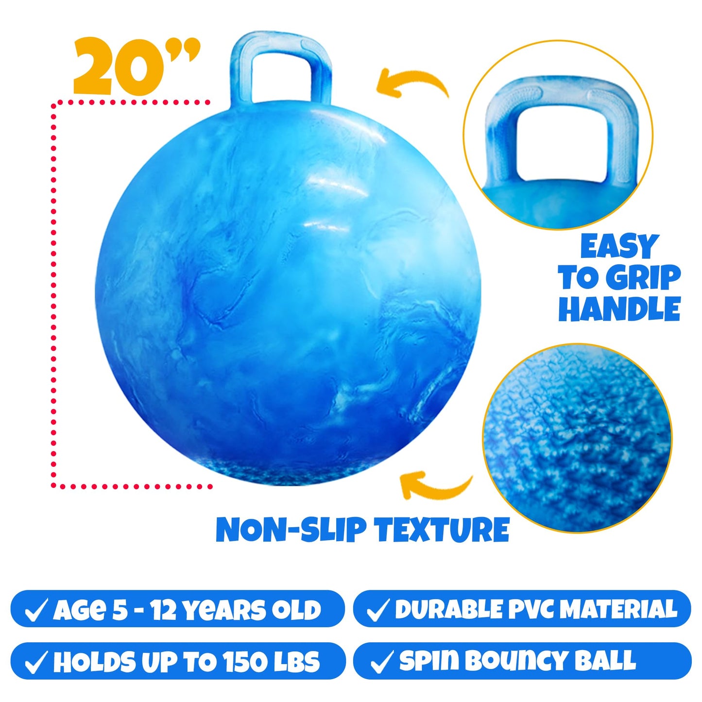 Bedwina Bouncing Ball for Kids – 20 Inch Hopper Ball with Handle and Pump | Fun & Durable Bouncy Toy for Children | Safe Inflatable Hopping Toy for Indoor & Outdoor Play, Exercise & Active Fun