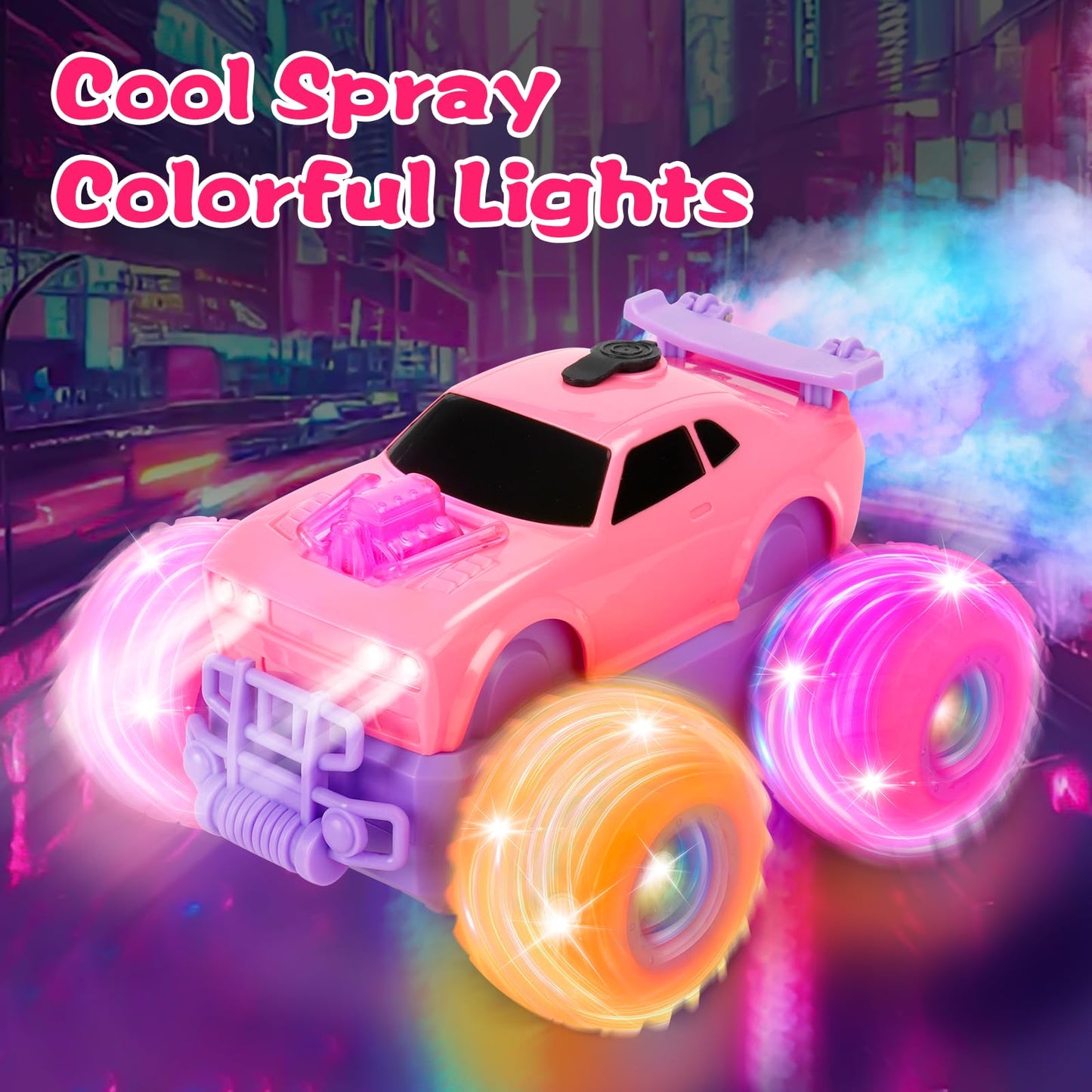 Drefirsa Princess Remote Control Car for Girl, Pink Monster Truck with DIY Sticker, Headlight, Colorful Wheel Light, Rotation, Spin and Spray, Toy Car for Girl 3 4 5 6 7 8 Year Old Birthday Gift