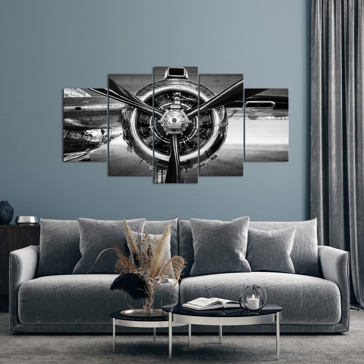 Nachic Wall Large 5 Panel Black and White Airplane Canvas Wall Art Aviation Aircraft Propeller Canvas Prints Pictures Plane Engine Poster Artwork Office Home Decoration (Black)