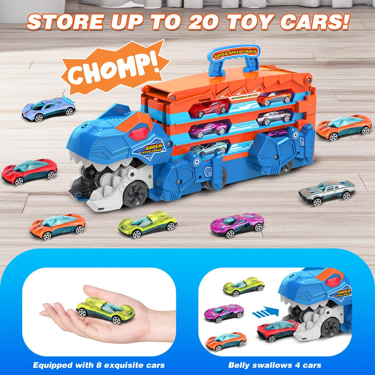 TERRAMUS Dinosaur Transport Truck Toy for Kids - 3 in 1 Ejection Folding Track Toys w/Sound 8 Race Cars, Portable Vehicles Set Best Gift for Boys Girls 3 4 5 6 Years Old - Possesses Invention Patents