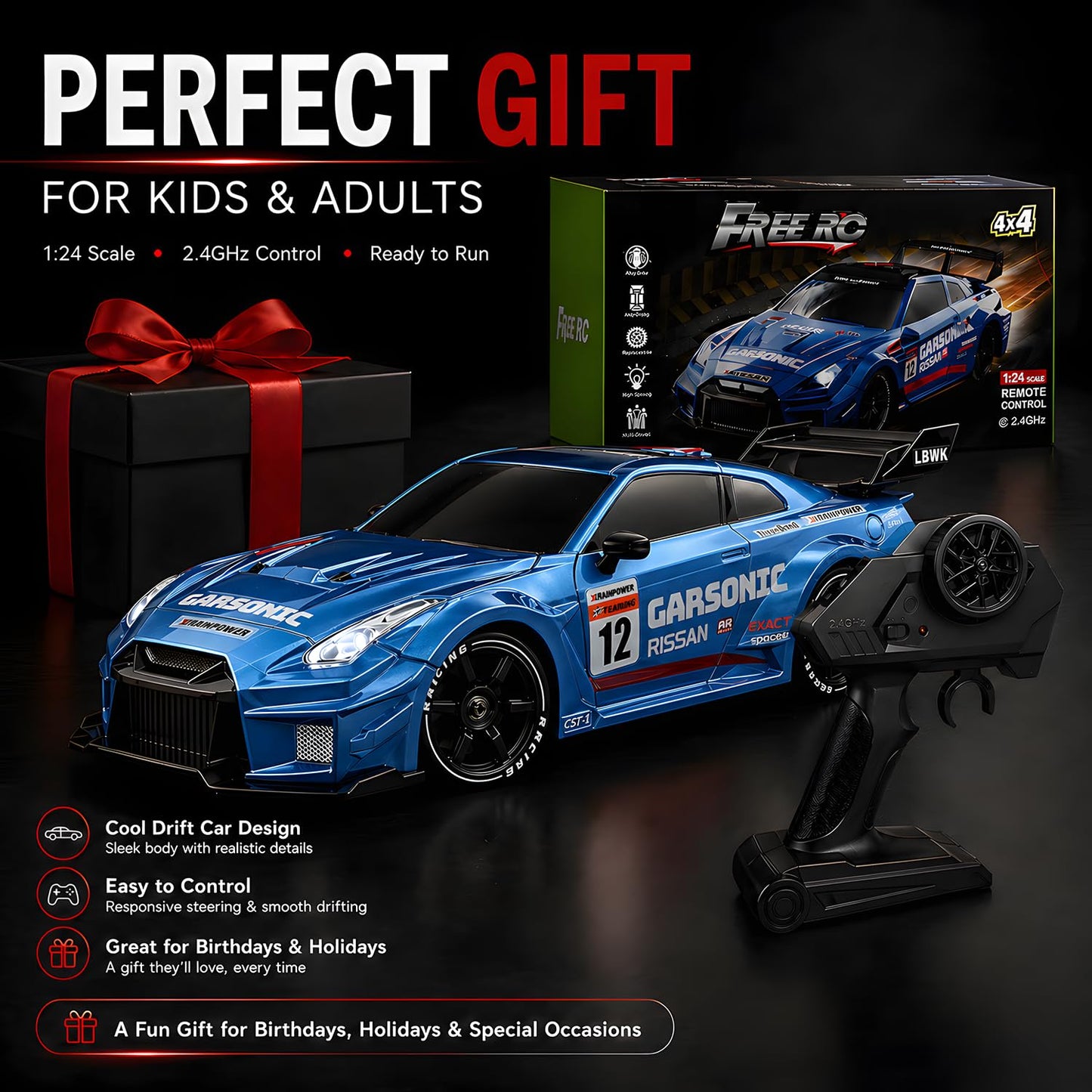 HTURCCOP 1:24 RC Drift 2.4GHz with LED Light Race Car Toys for Boys and Girls Aged 6+ Speed Adjustable up to 23Km/H, High-Speed RC Racing Cars Toy Gift for Boys & Girls (Blue)