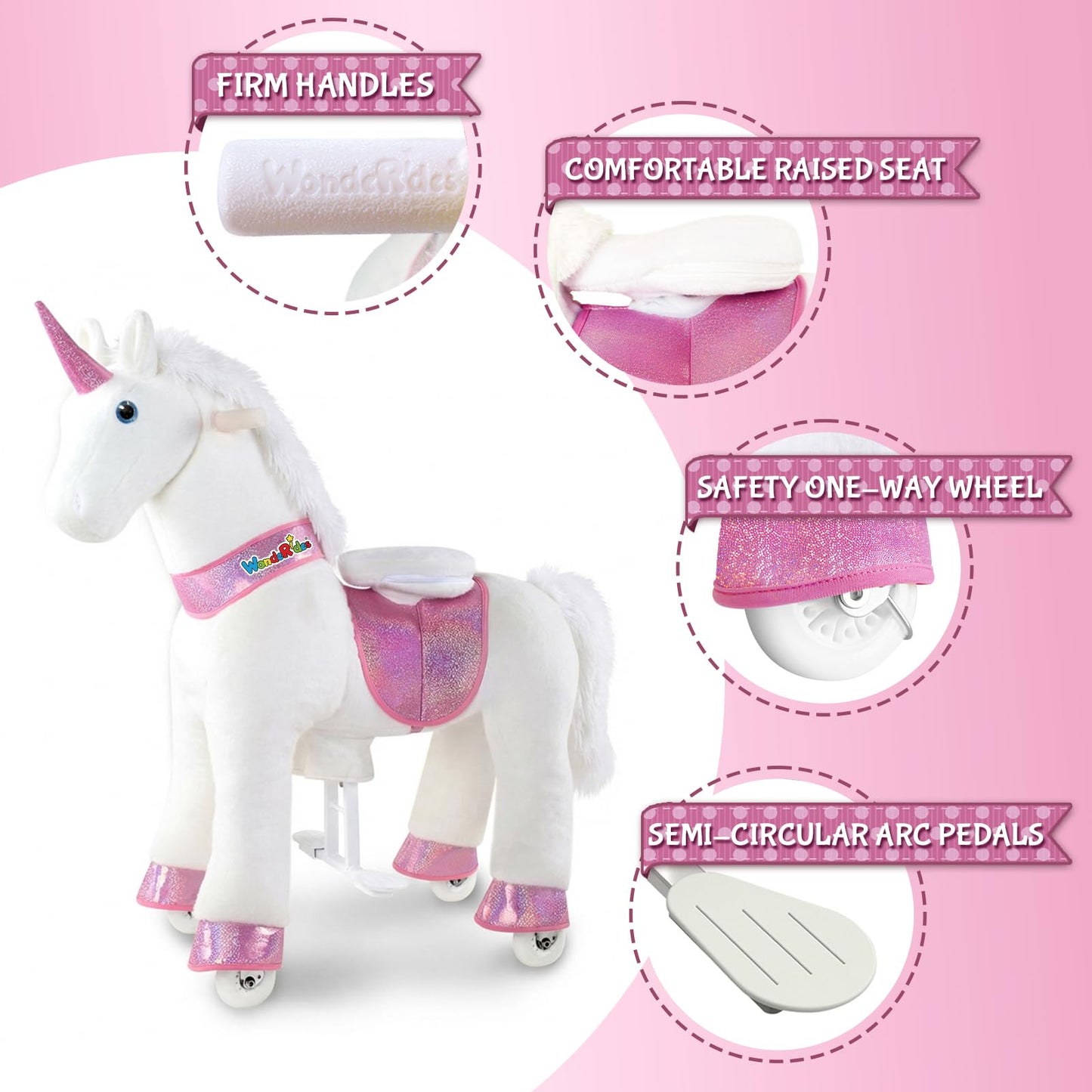 WondeRides Ride on Unicorn Horse Rider Pony Cycle Toy, 30.1 Inch Height Riding Pony White Unicorn Toy Plush Rocking Mechanical Walking Animal with Wheels No Battery Size 3 for Kids 3-4 Years M332-1
