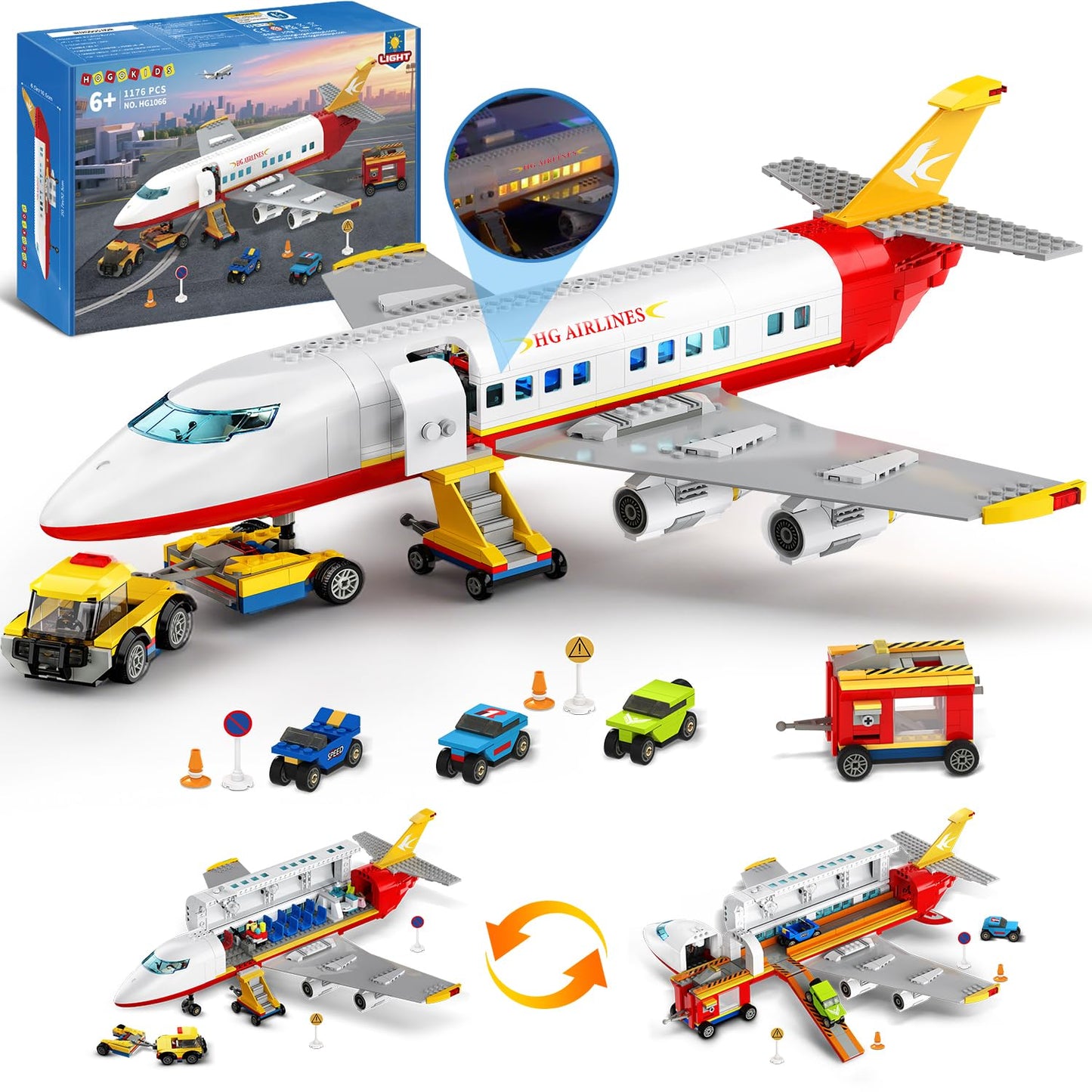 HOGOKIDS 2 Style City Airplane Building Set with LED Light - Plane Building Blocks Switch Passenger Cargo Projectile Toy with 3 Cars, Planes Model Toys Valentines Gifts for Kids Boys Girls Age 6-12+