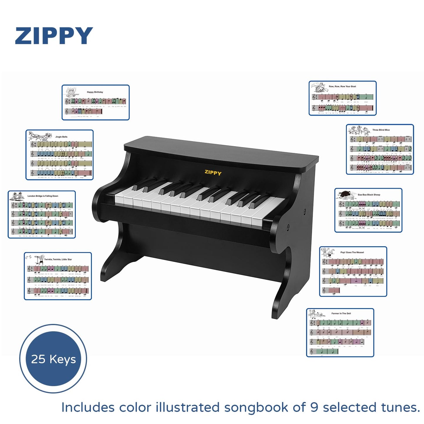ZIPPY Kids Piano Keyboard, 25 Keys Digital Piano for Kids, Mini Music Educational Instrument Toy, Wood Toy for Toddlers Girls Boys (Black)
