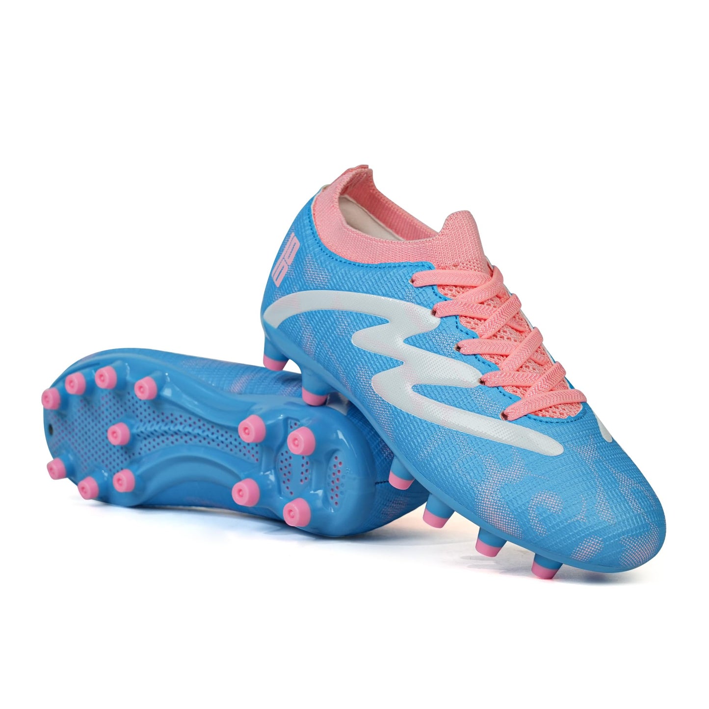 brooman Kids Firm Ground Soccer Cleats Boys Girls Football Shoes with Shin Guards and Soccer Socks (5,Blue Pink)