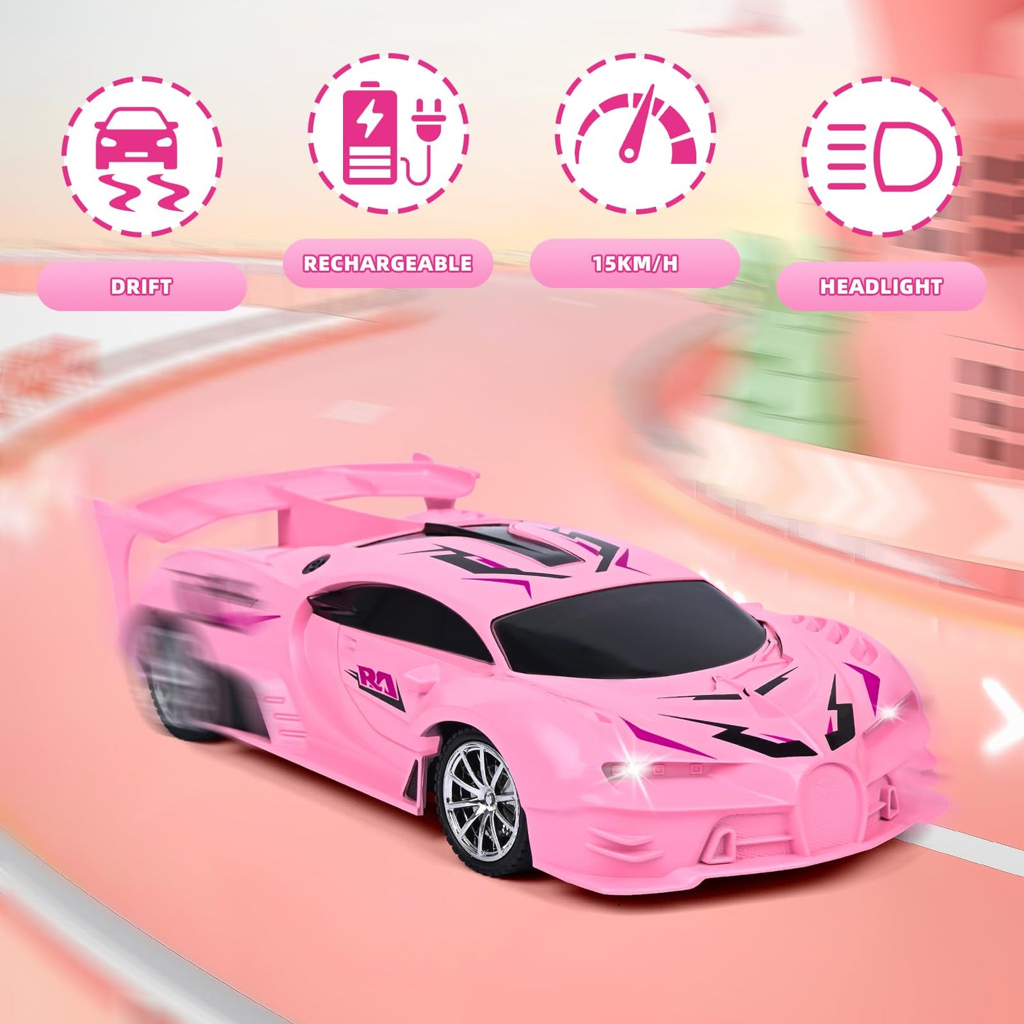 KULARIWORLD Pink Remote Control Car for Girls, Rechargeable High Speed Drift RC Cars Toys Gifts for Girl Age 6 7 8-12,1/18 Super Vehicle with Headlight Racing Hobby Xmas Birthday Gift